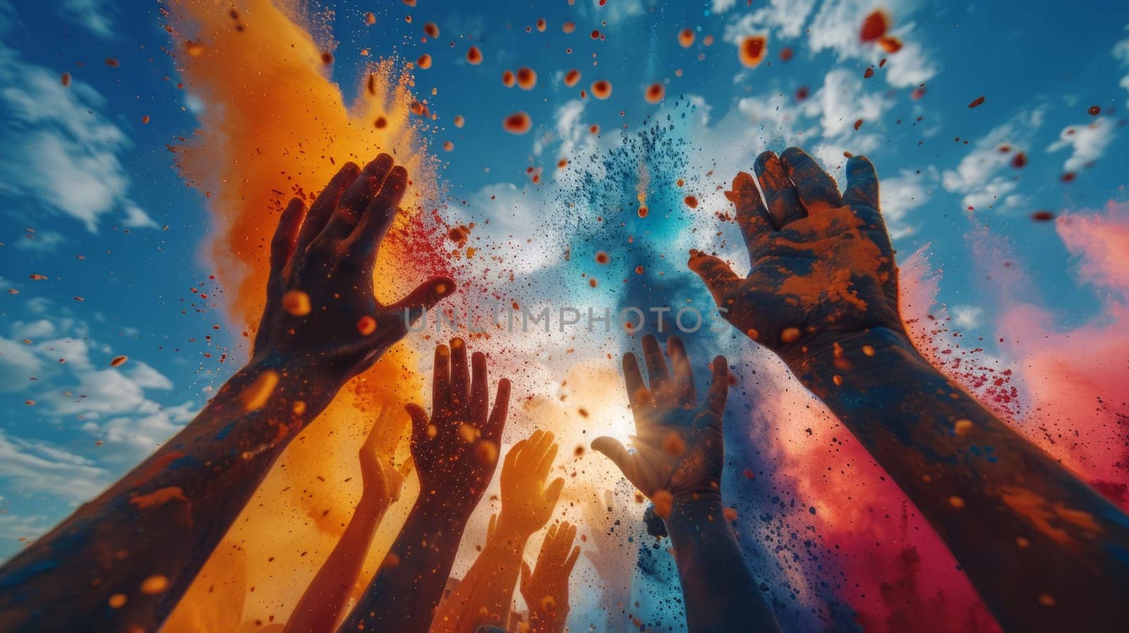 Happy Peaople are celebrating Holi Festival in India. Colorful Dye Powder on hands and faces.ai generated
