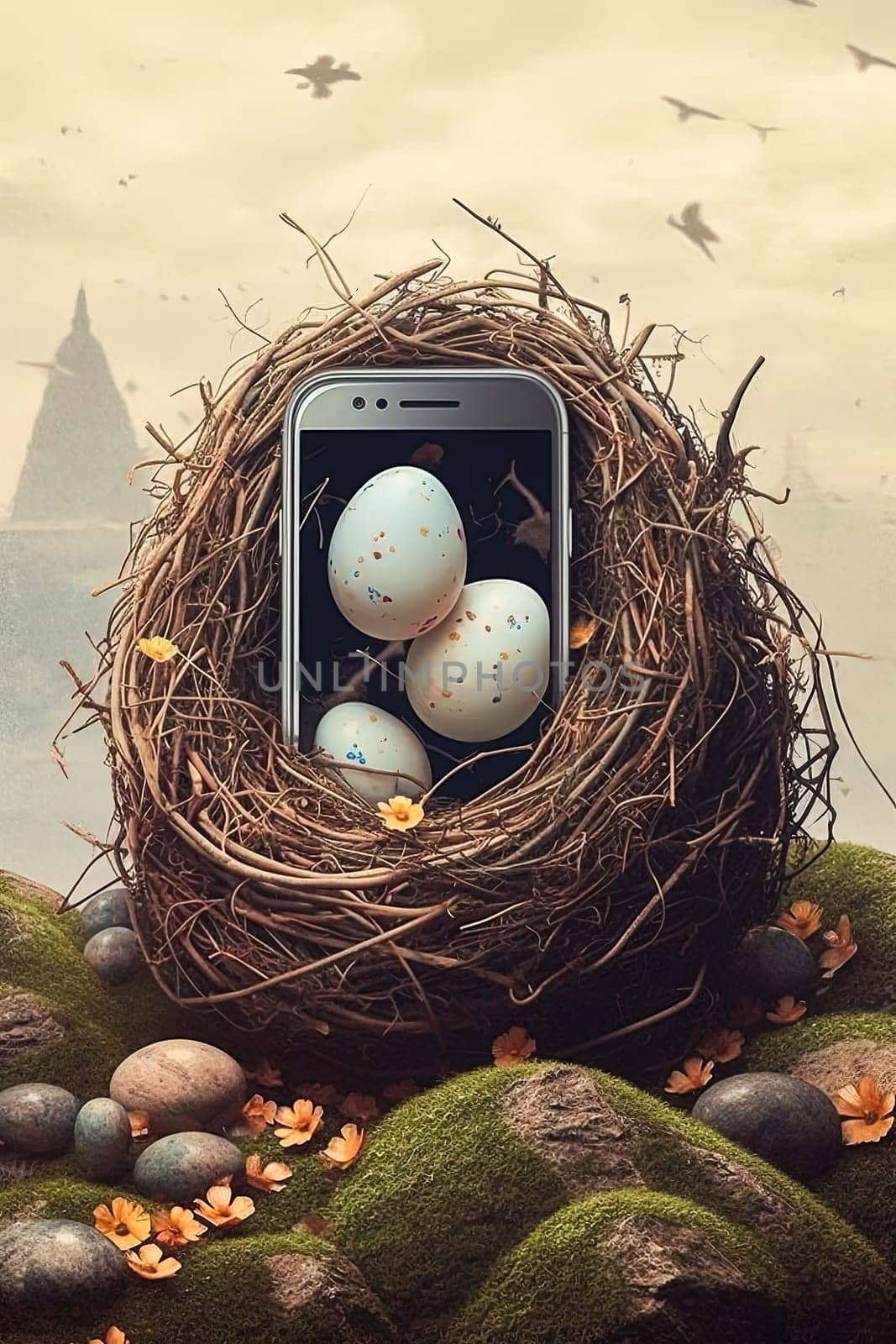 A small egg is sitting on a rock next to a cell phone by Alla_Morozova93