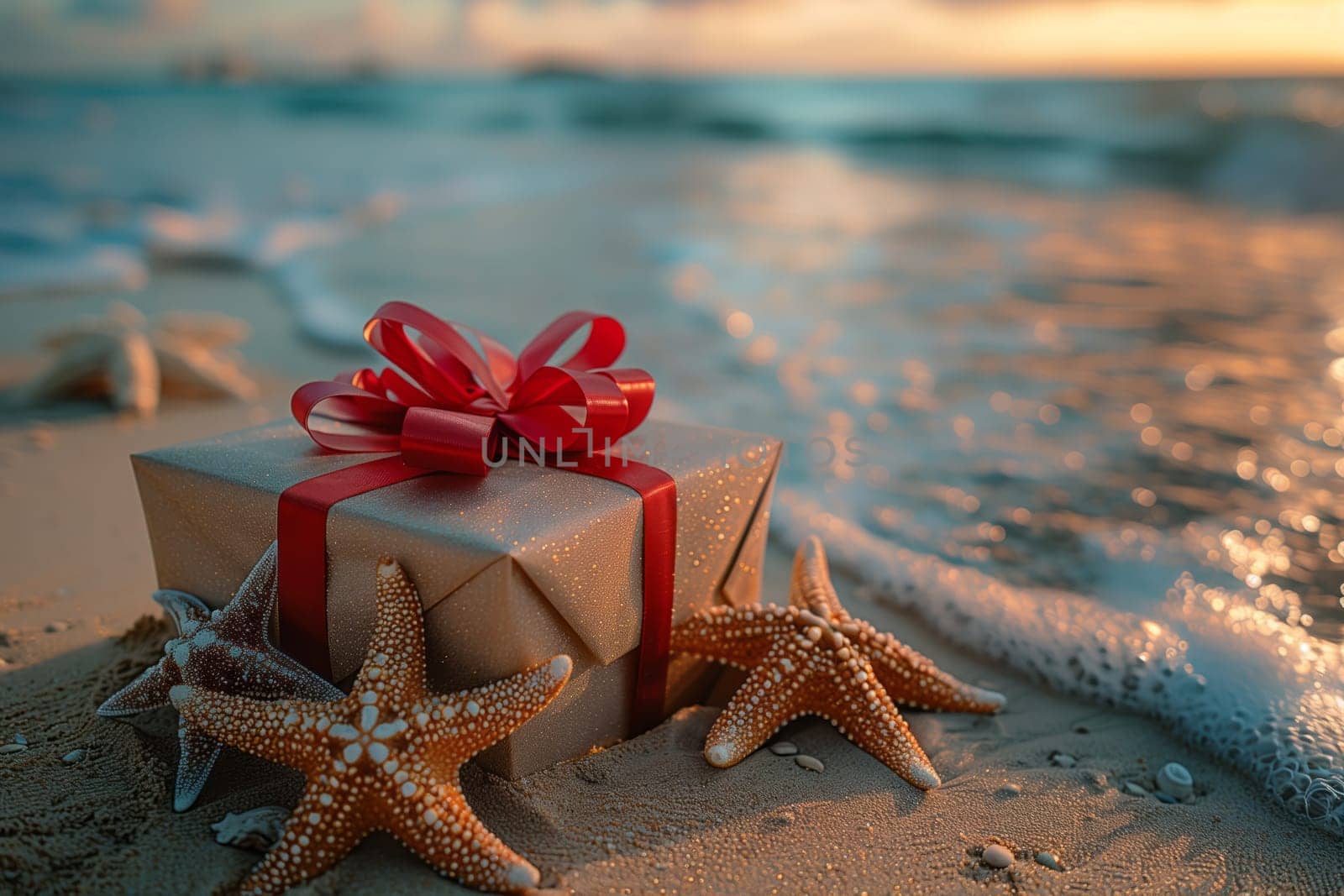 A natural material gift box with a fashionable red bow and starfish resting on a beach landscape. The carmine petal adds a pop of color to the arthropod adornment