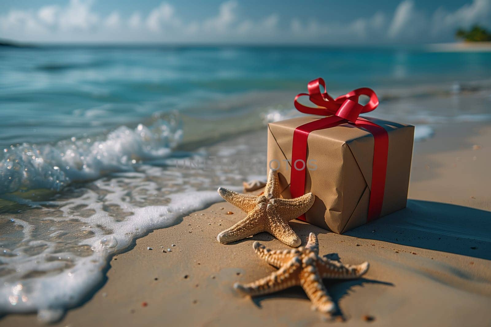 A gift box adorned with a red ribbon and a starfish placed on the sandy beach, harmoniously blending with the coastal and oceanic landforms, creating a picturesque scene under the azure sky