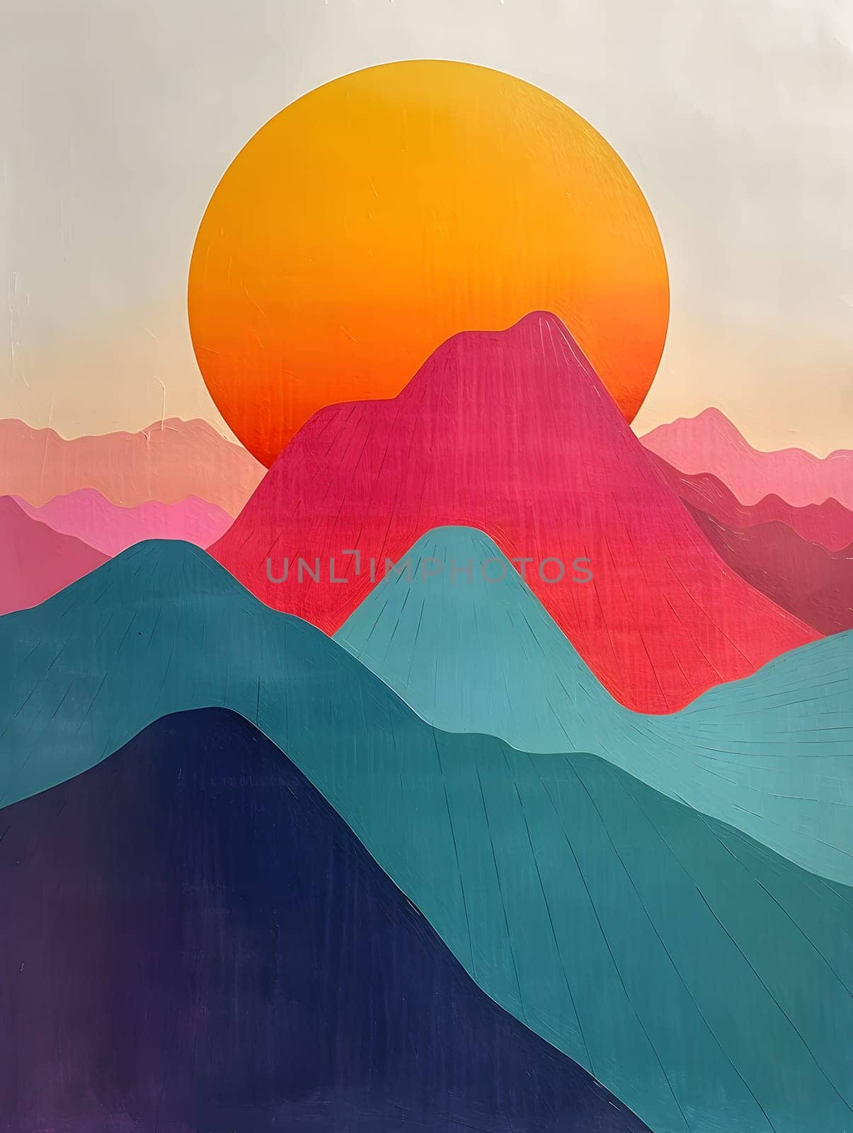A breathtaking painting of a sunset over a mountain range, capturing the vivid orange hues in the sky and the tranquil atmosphere of the ecoregion landscape