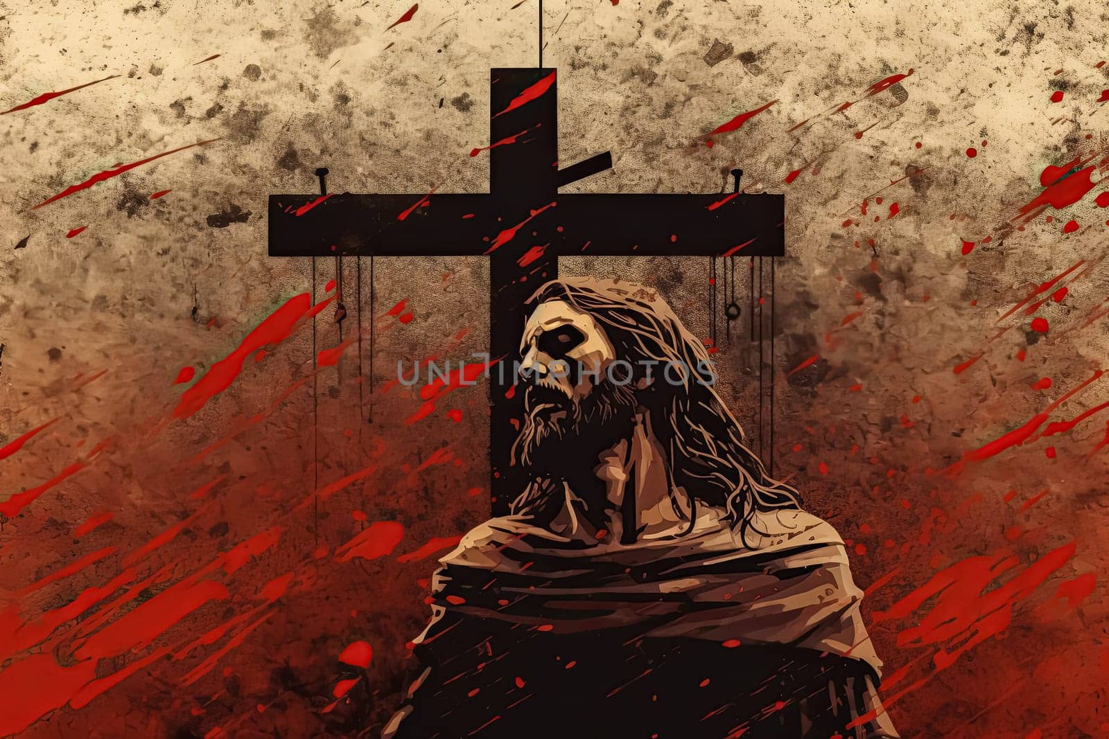 A painting of Jesus Christ on a cross. The painting has a dark and moody atmosphere, with the sun in the background and mountains in the distance