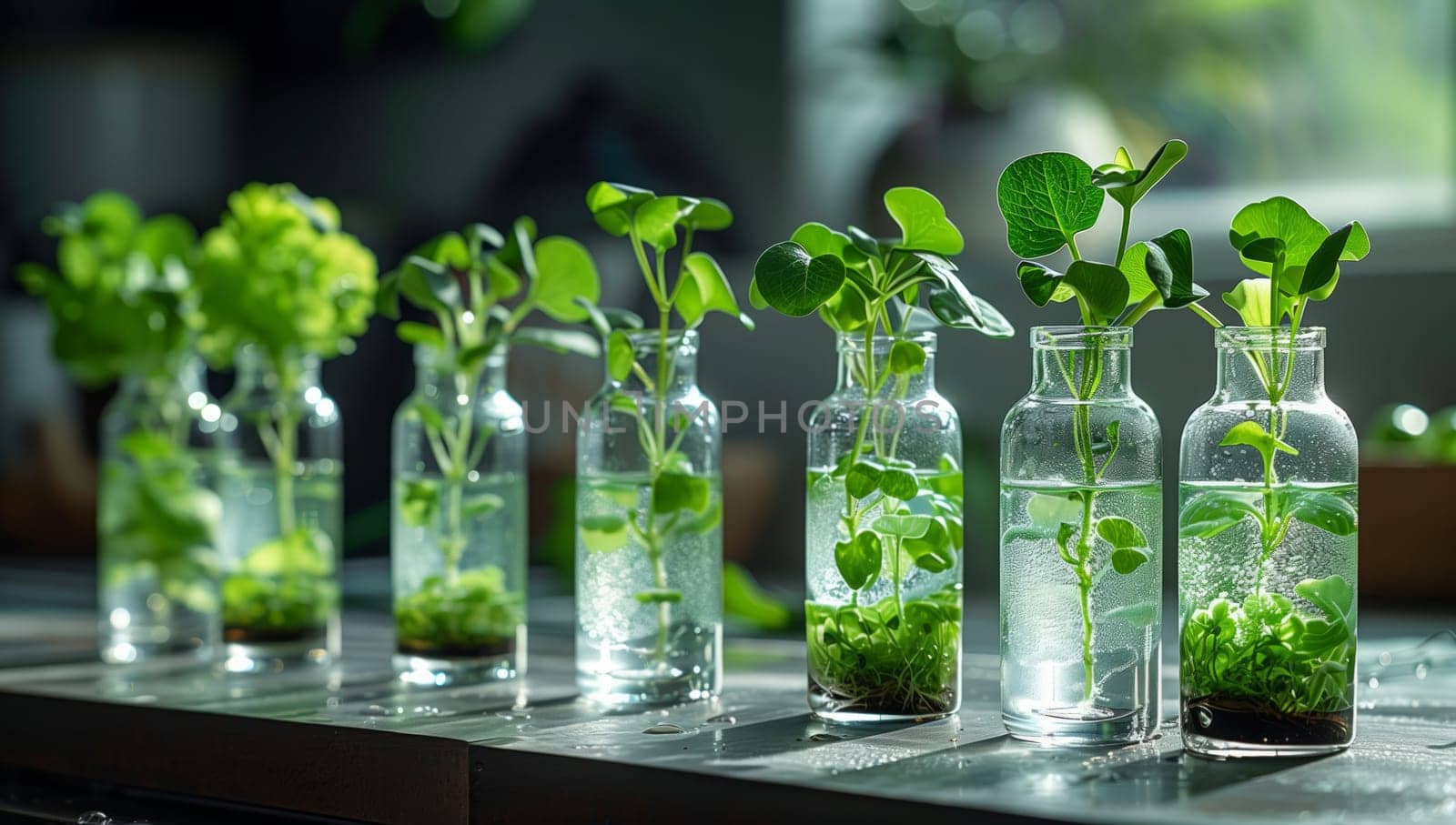 A series of drinkware containers filled with liquid and plants, including terrestrial plants and grass, placed neatly in a row on a table