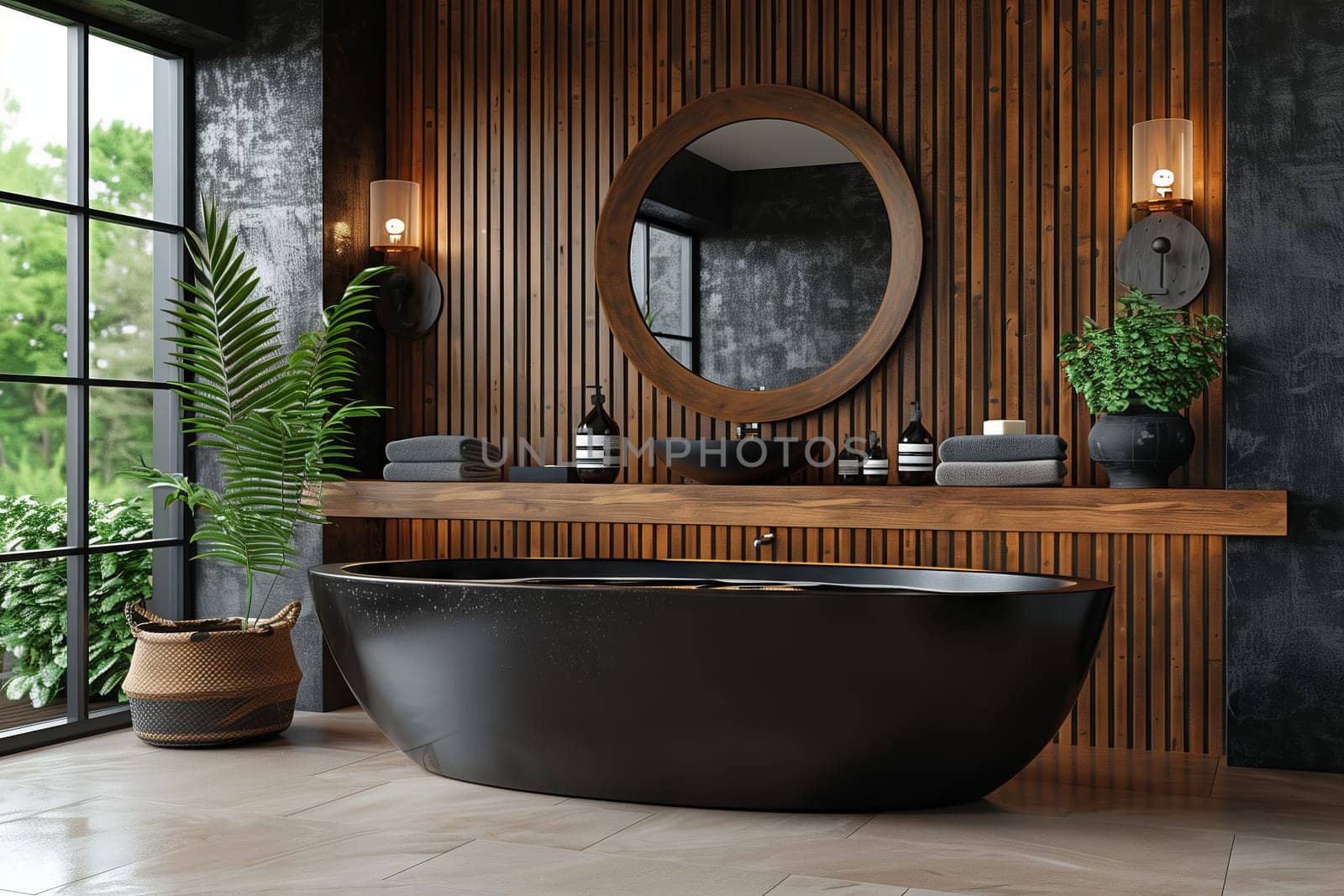 A modern bathroom with a black tub, sink, and mirror. The hardwood floor complements the fixtures. A plant in a flowerpot adds a touch of nature
