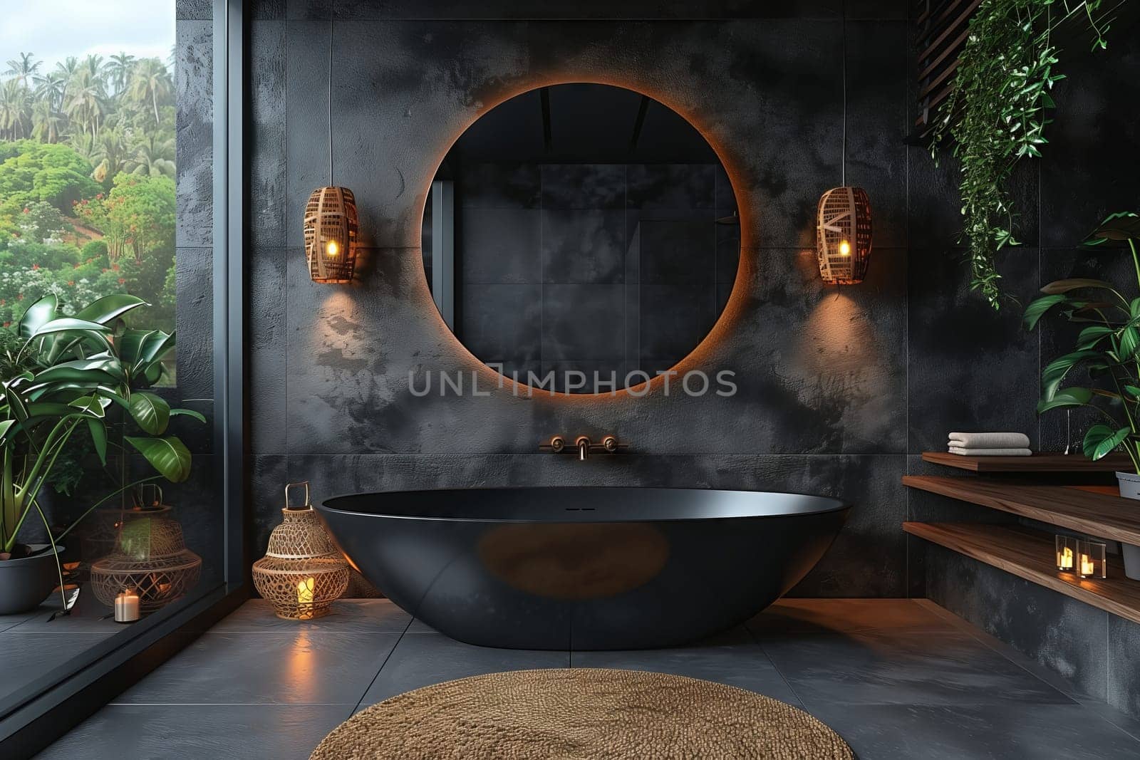 An interior design with a black tub and round mirror in a bathroom. The room features hardwood floors and a plant for a touch of nature in the building