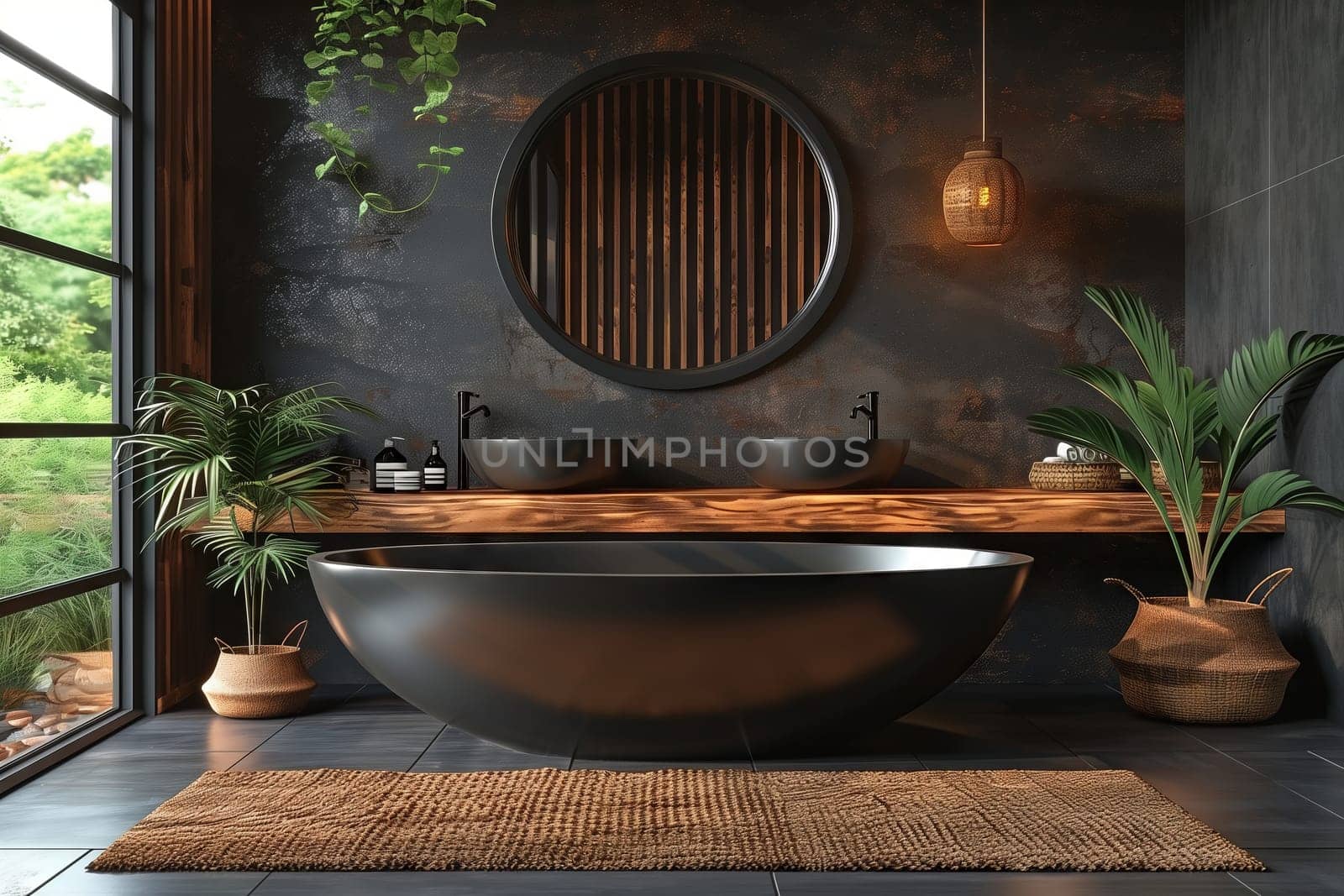 A bathroom with a bathtub, sinks, mirror, and houseplants in flowerpots. The flooring is hardwood, and the fixtures are all in a rectangle shape