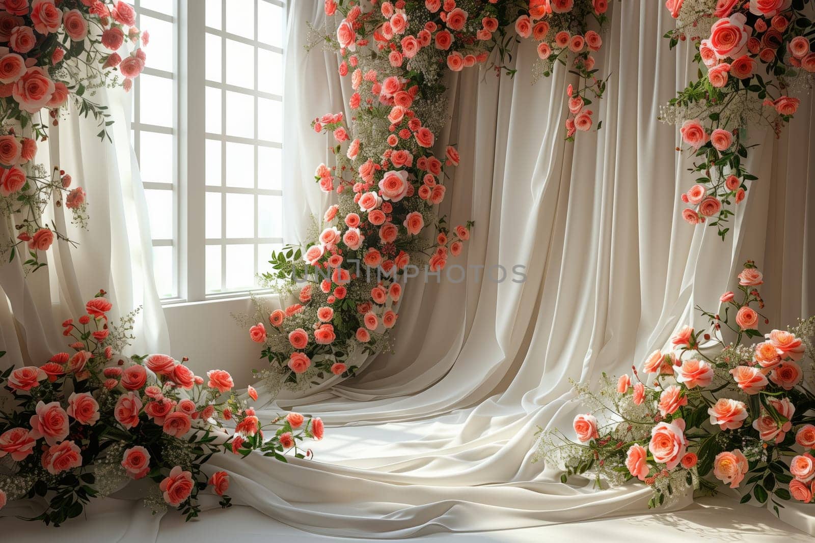 A room adorned with an abundance of colorful flowers, abundant green plants, and a picturesque window. The creative arrangement of red and orange petals adds a touch of artistic beauty