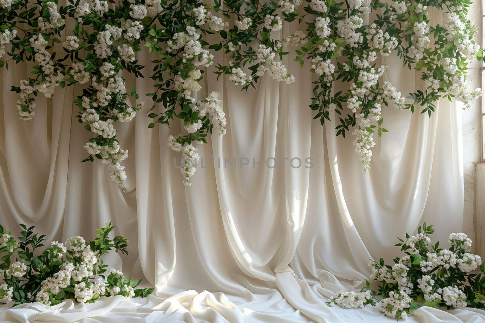 An elegant white curtain adorned with white flowers and green leaves, creating a stunning landscape for a wedding ceremony or event. Perfect for flower arranging or as a wedding ceremony supply