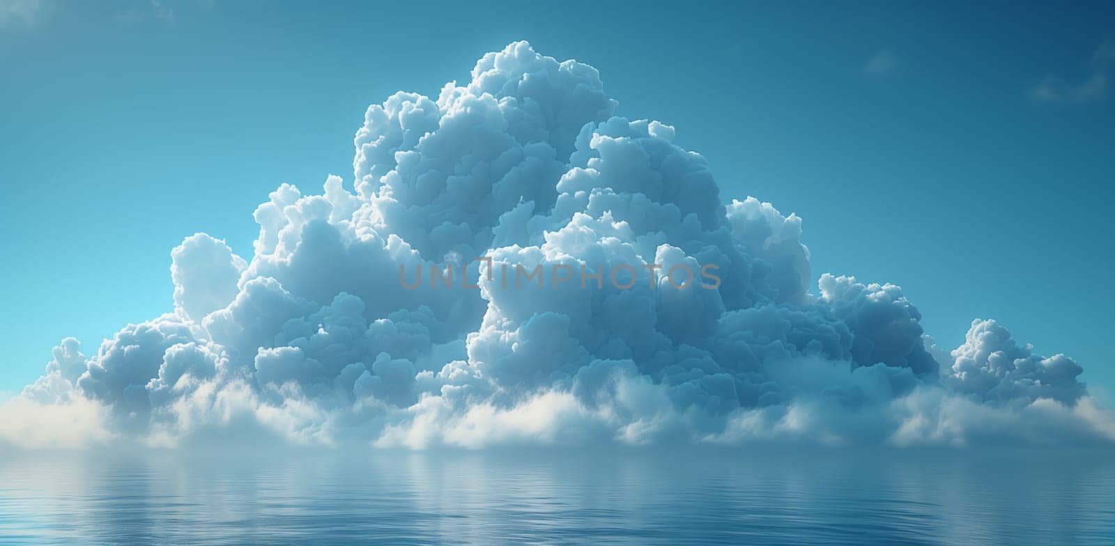 A cumulus cloud hovers above a tranquil lake, blending into the sky and creating a serene natural landscape with water and atmospheric beauty