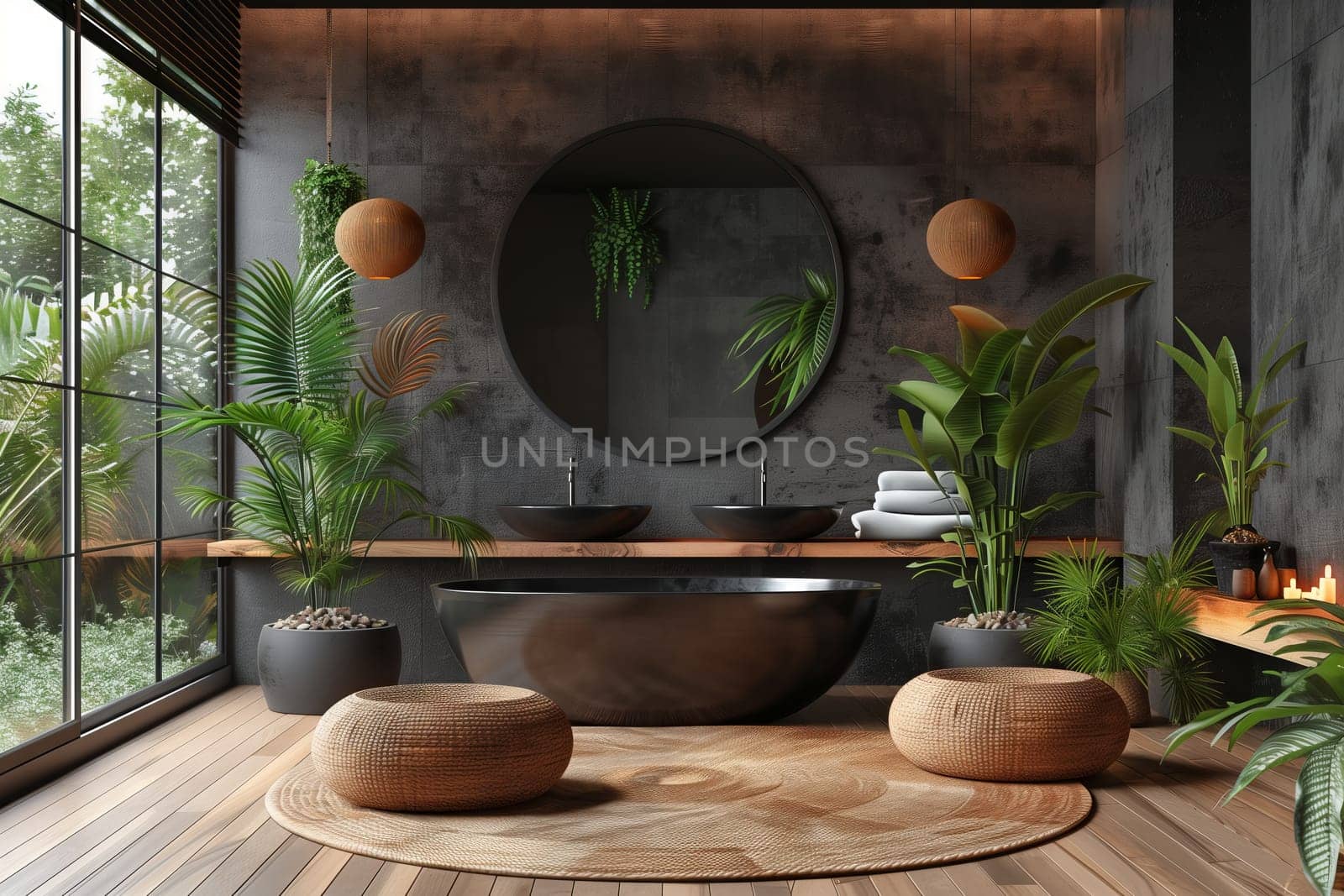 A bathroom featuring a bathtub, sinks, and plants, with a mix of wood and fixtures creating a harmonious interior design