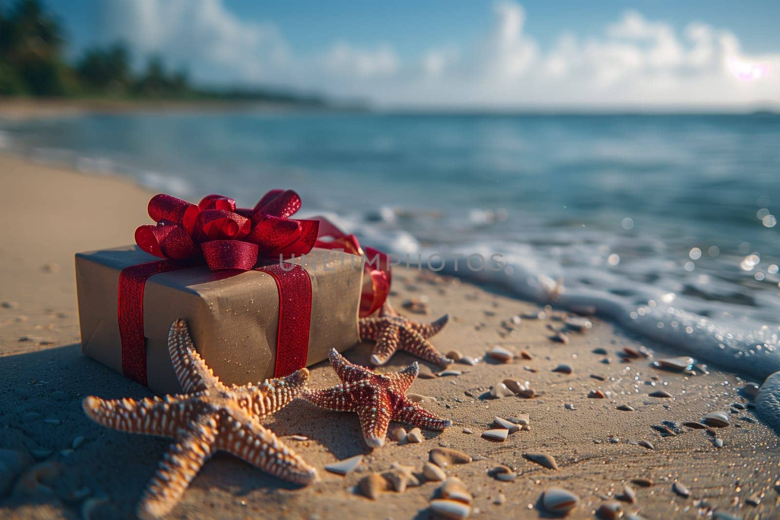 A gift box with a red bow and starfish on the sandy beach, surrounded by clear blue waters, fluffy clouds in the sky, and lush trees creating a tranquil coastal landscape for leisure and travel