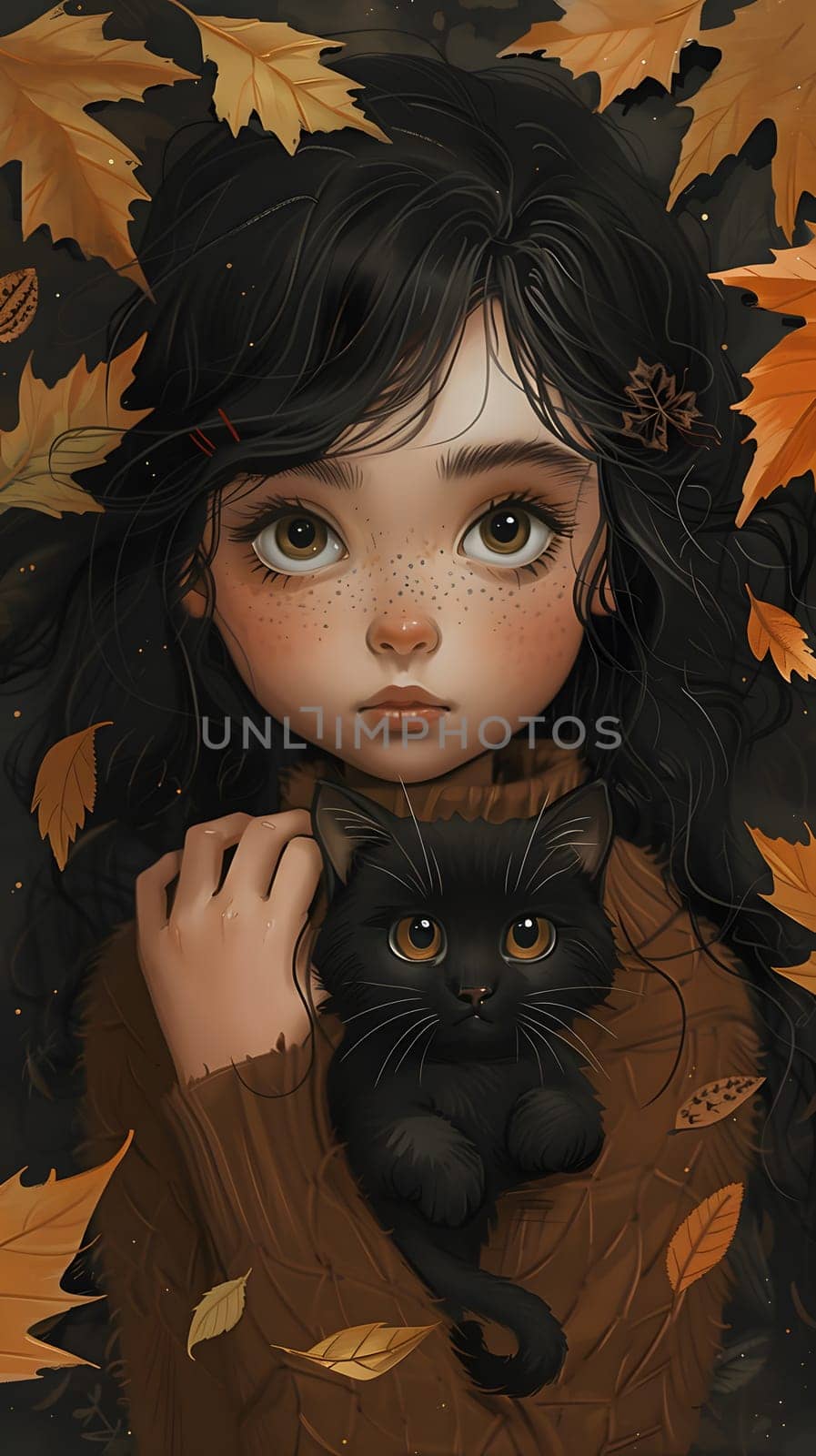 A girl holding a black cat with beautiful fur and mesmerizing eyes by Nadtochiy