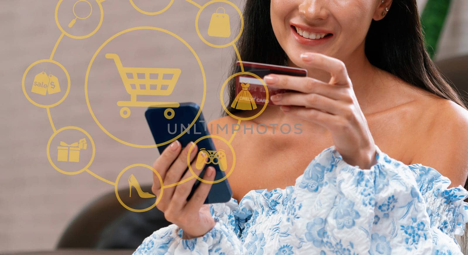 Elegant customer wearing blue dress controlling device choosing online platform. Smart consumer watching gadget opening e-commerce application using cashless technology shopping inventory. Cybercash.