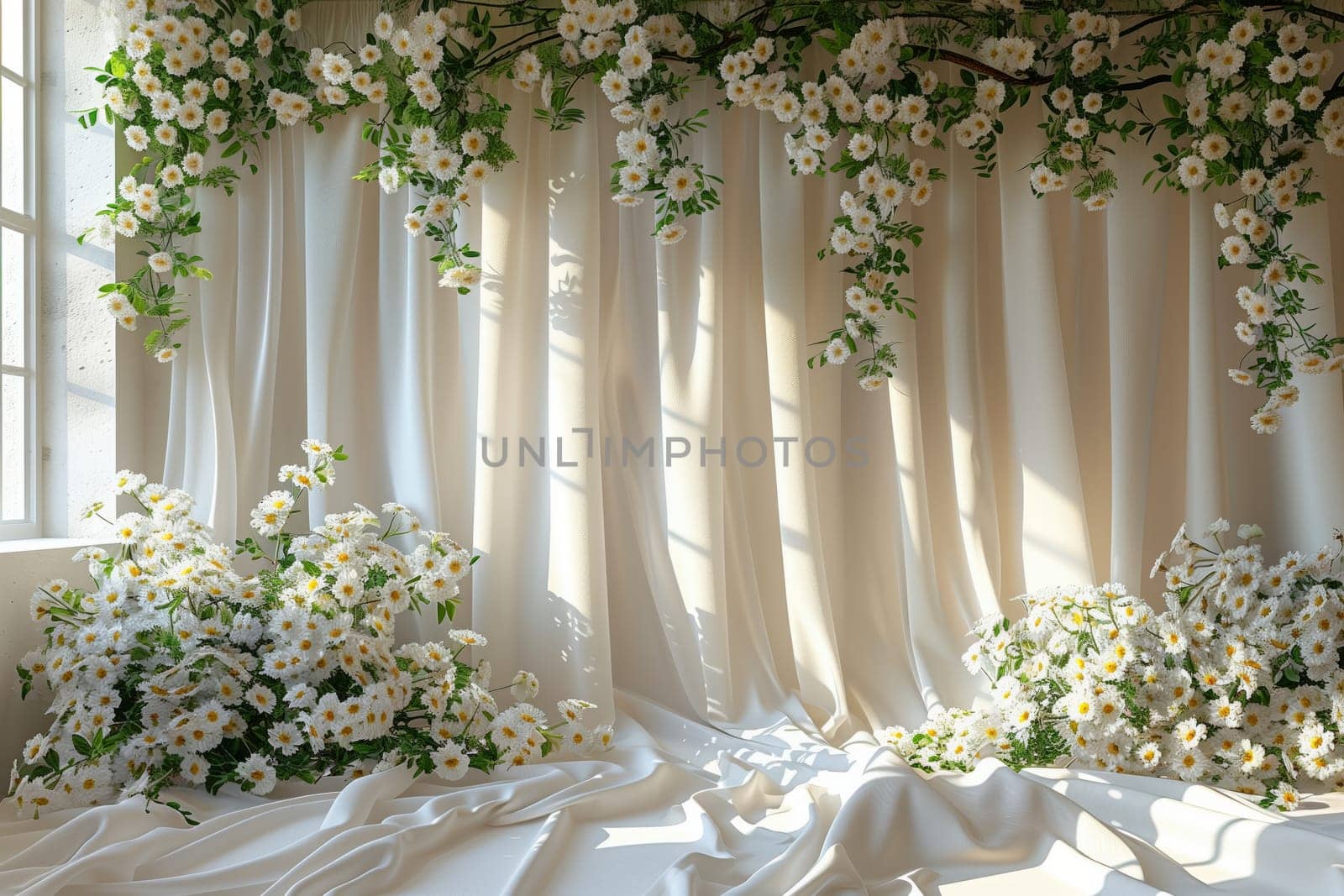 A serene room filled with white curtains and flowers hanging from the ceiling, creating a peaceful atmosphere with natural elements