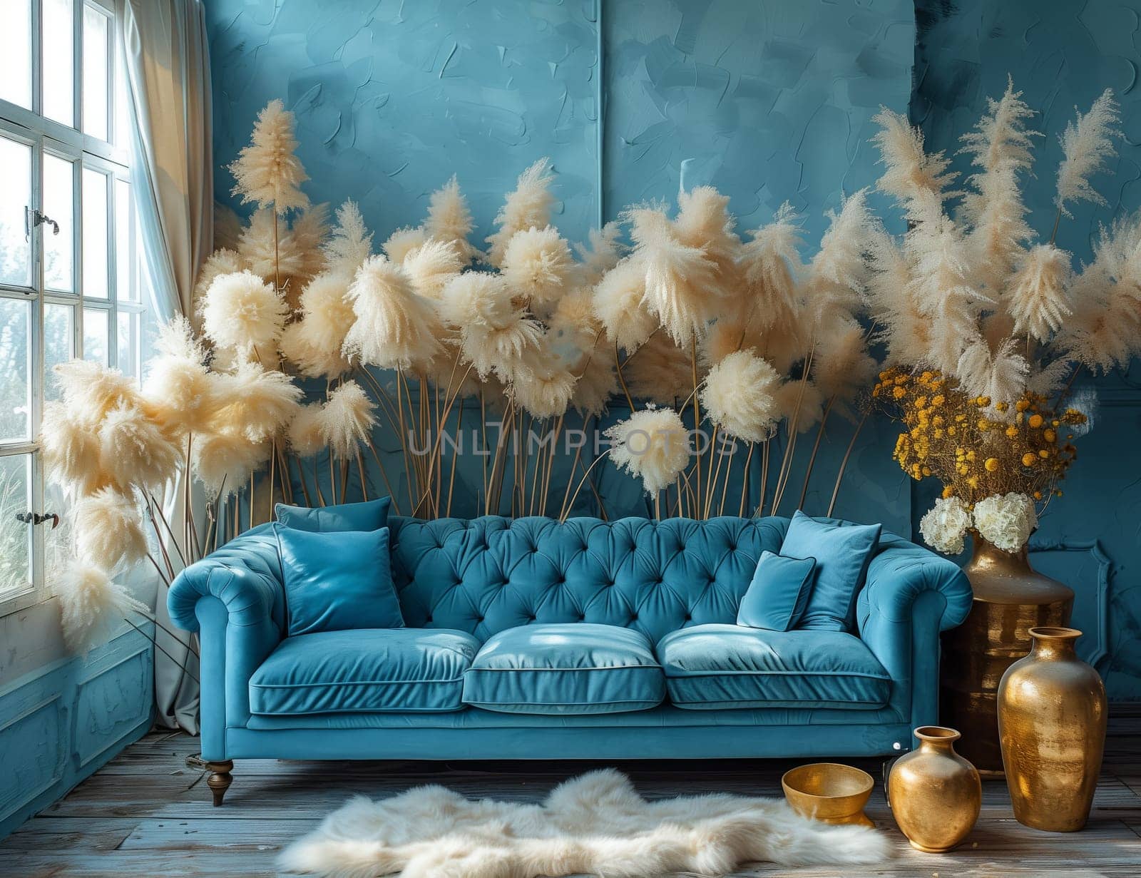 An interior design featuring a living room with a beautiful azure couch, vases filled with aqua flowers. The rectangleshaped room is complemented by a tree outside, creating a serene atmosphere