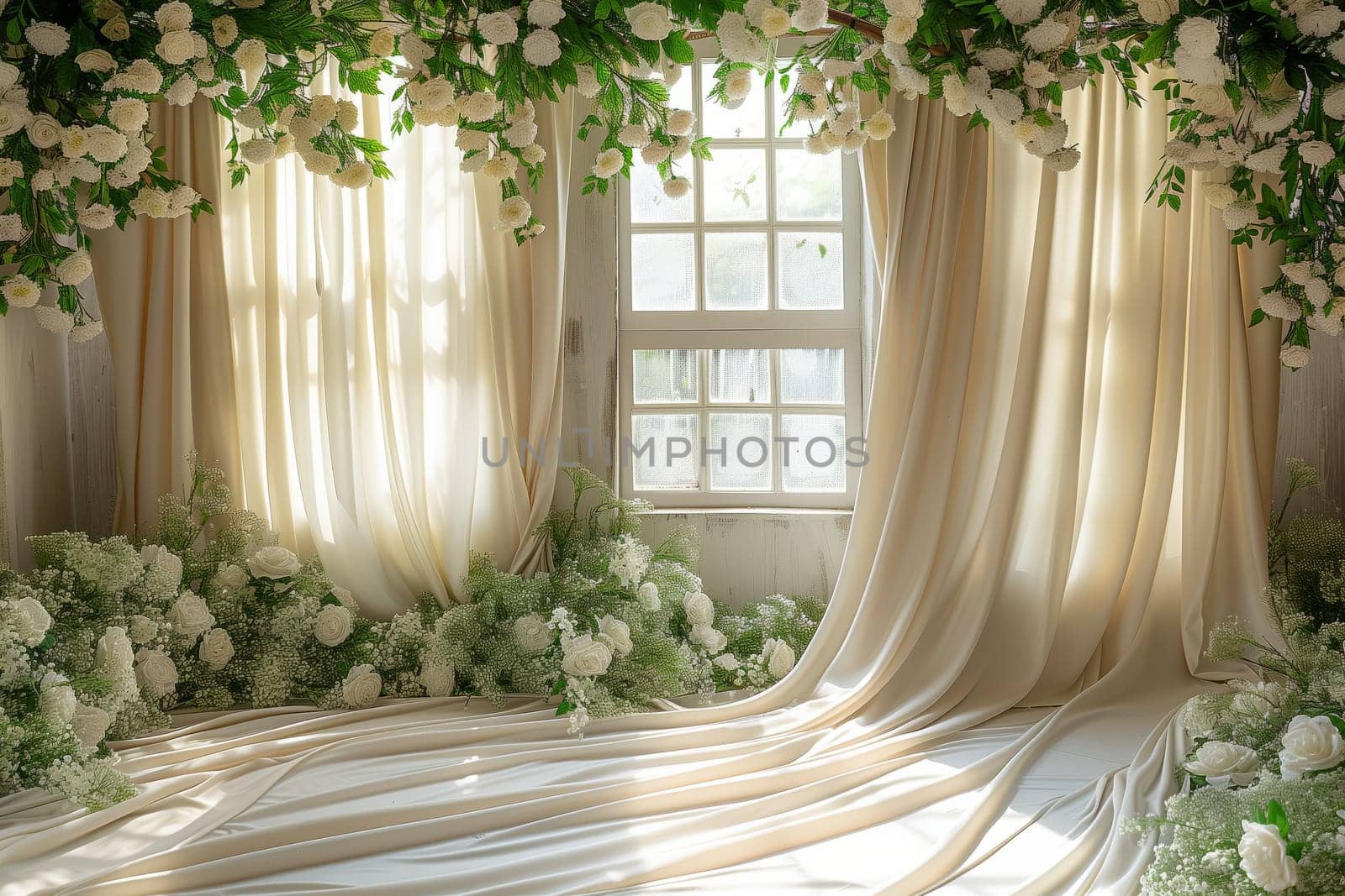 A room with white curtains, flowers hanging from the ceiling by richwolf