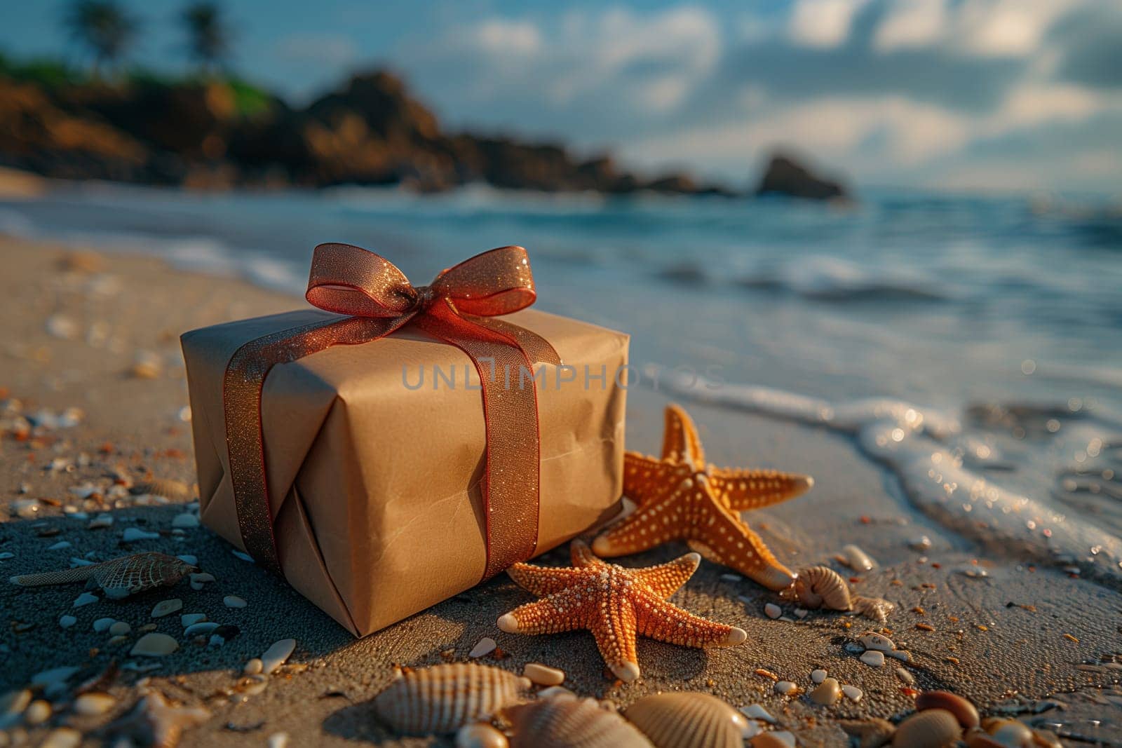 A gift box and starfish rest on the beach by the ocean, surrounded by water, sky, natural landscape, wood, coastal landforms, clouds, and leisure activities. A perfect spot for travel and relaxation