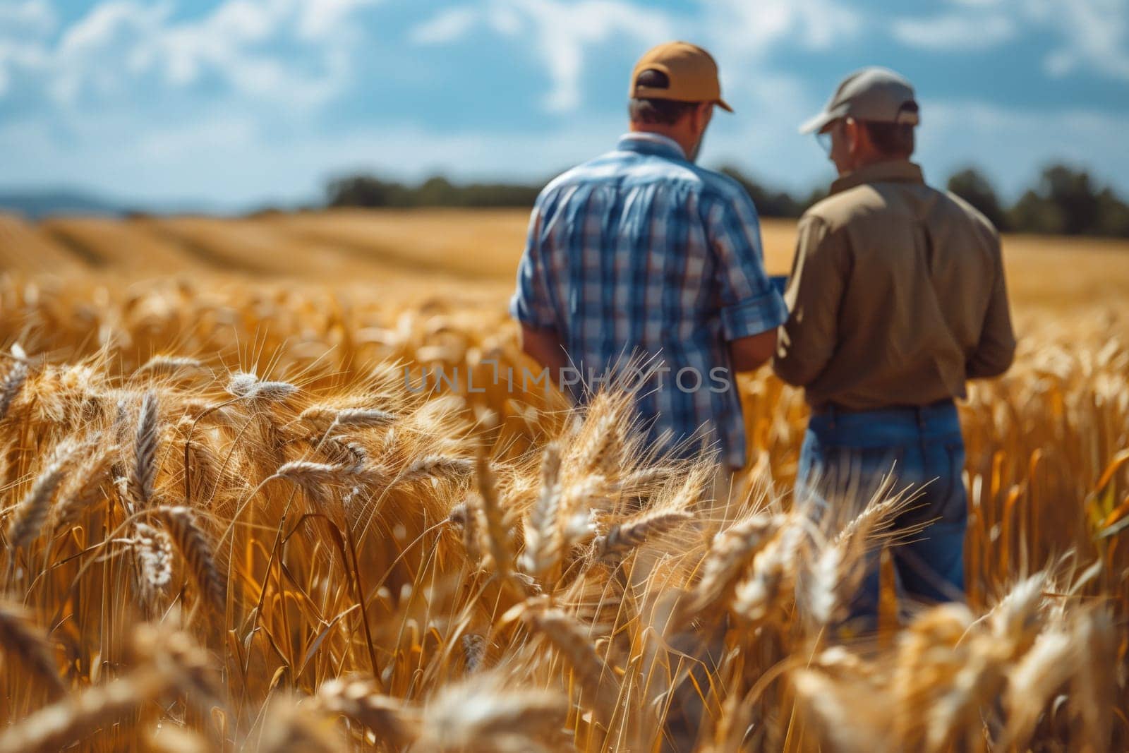 Two men in hats stand in wheat field, gazing at the plants under the vast sky by richwolf
