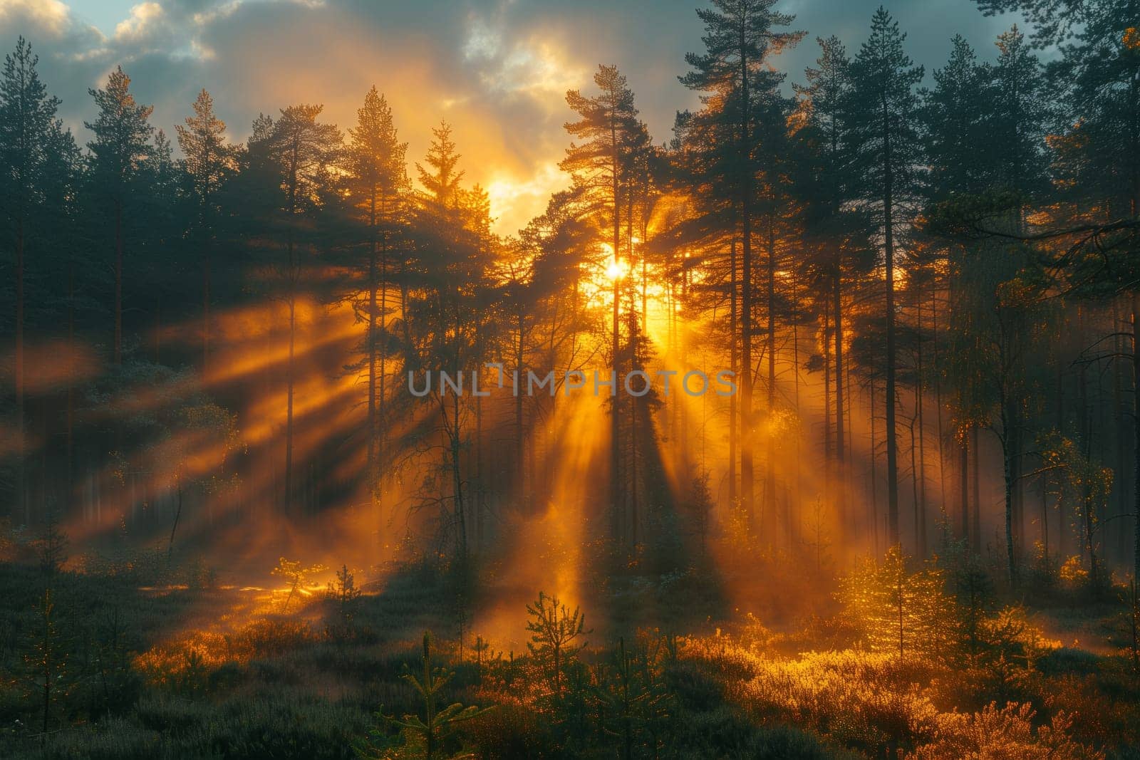 Sunlight filters through forest trees at sunset, creating a magical atmosphere by richwolf