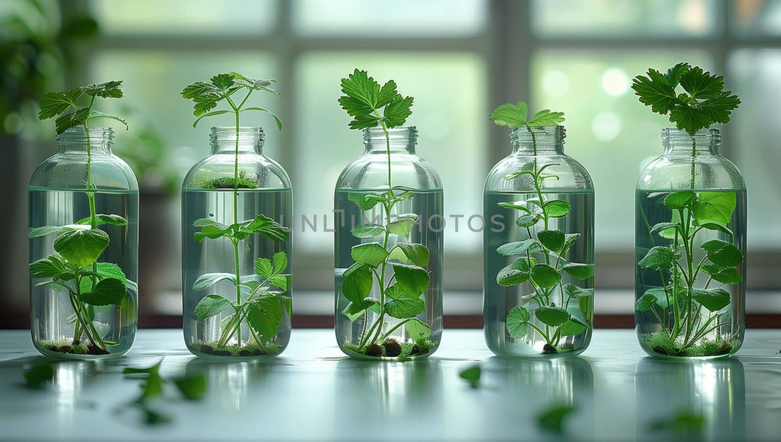 A line of glass bottles filled with water and green plants, resembling a miniature garden, placed on a table