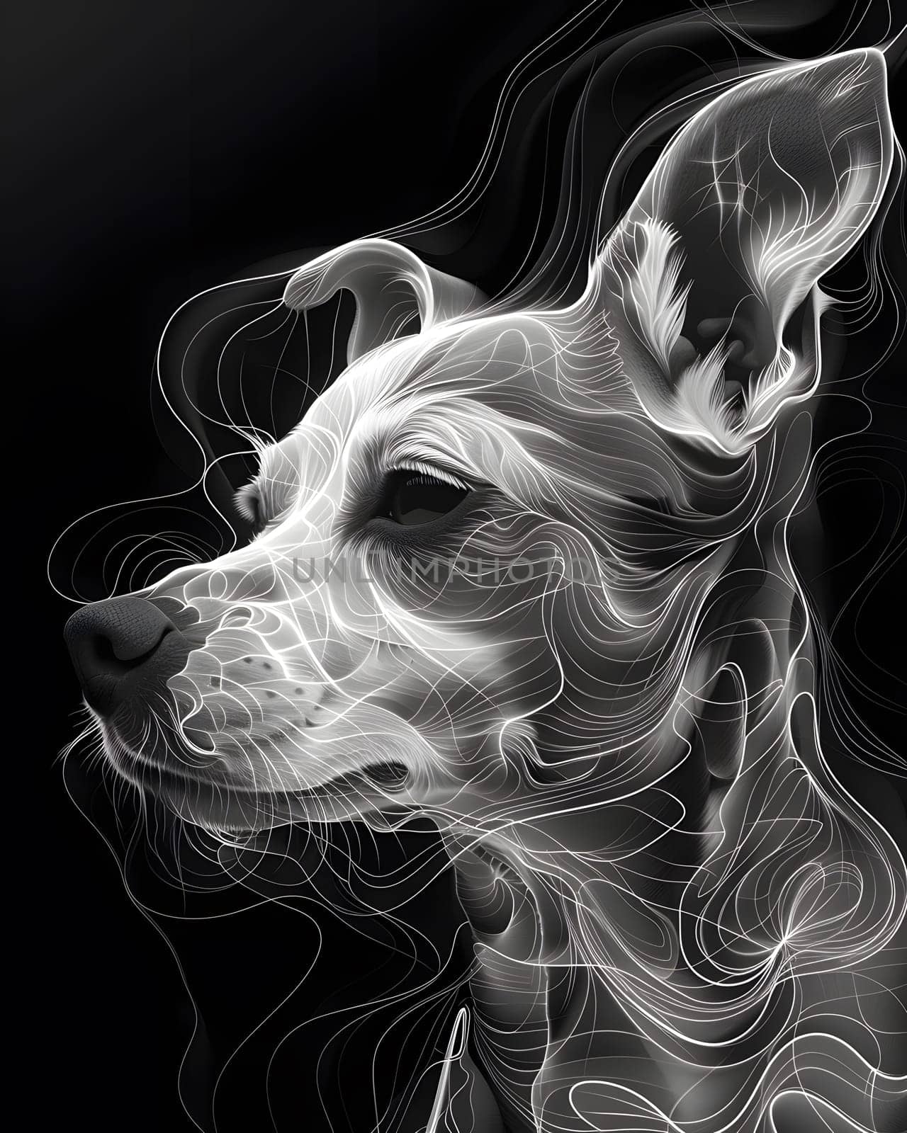 Artistic photo of a smoke dog, showcasing its whiskers and jaws in the darkness by Nadtochiy