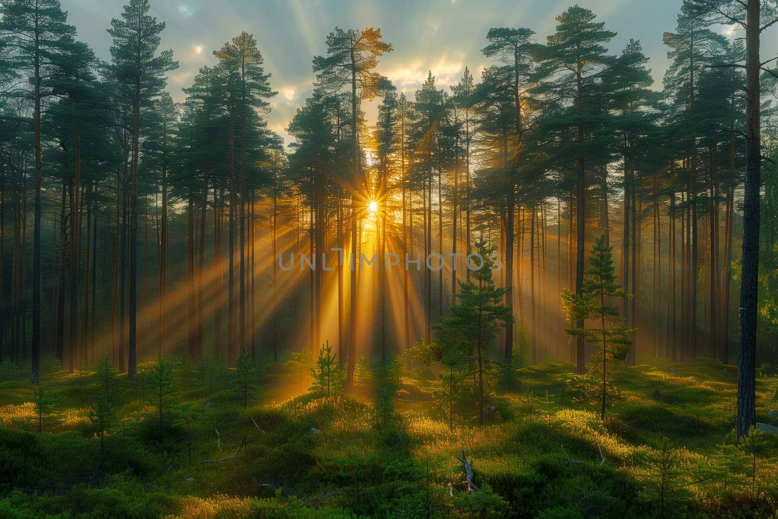 The sunlight filters through the canopy of trees in the forest, creating a beautiful natural landscape with shadows and dappled light