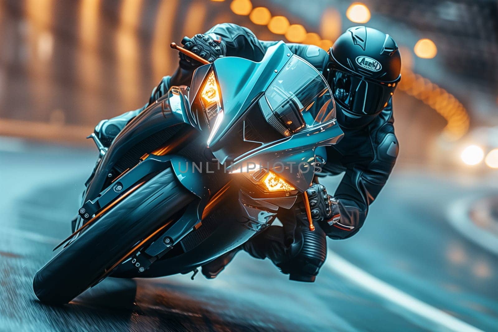 A man is racing on a motorcycle through a dark tunnel at night, the electric blue color of the vehicles exterior flashing in the darkness as he speeds by