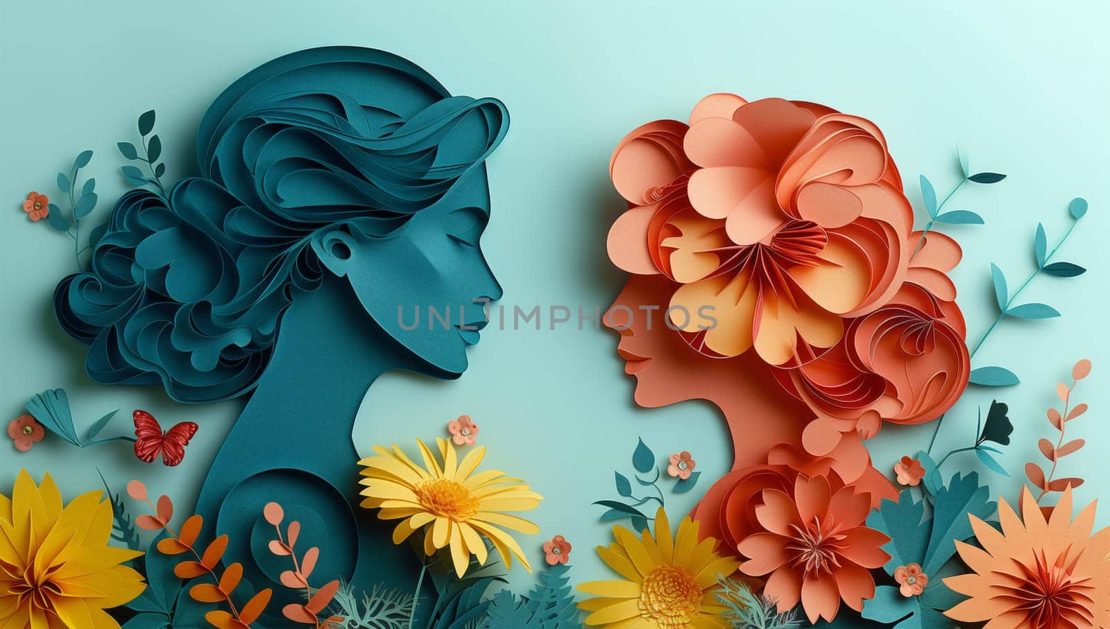 Two women adorned with flowers in their hair, creating a beautiful floral design. The petals contrast with their azure dresses, resembling a masterpiece of creative arts
