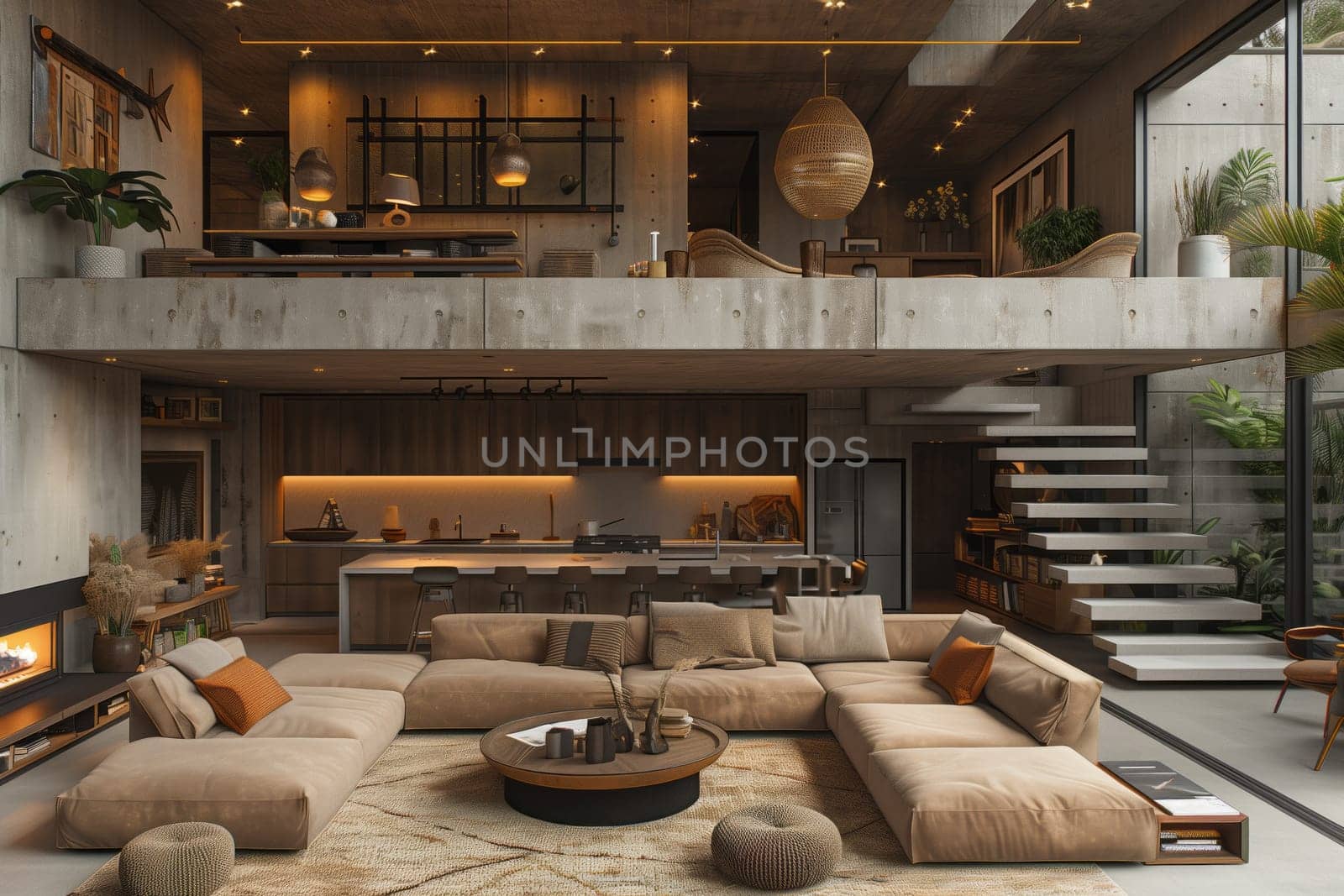 A spacious living room in a house with a large sectional couch and hardwood stairs leading up to the second floor, showcasing a beautiful interior design