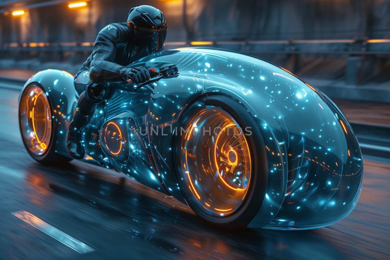 Man rides futuristic motorcycle with innovative automotive design in city street by richwolf