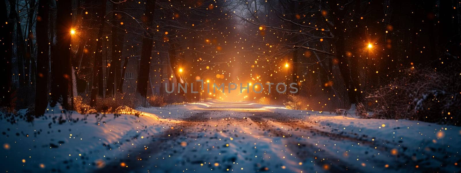 A snowy forest illuminated by many lights in the background by richwolf