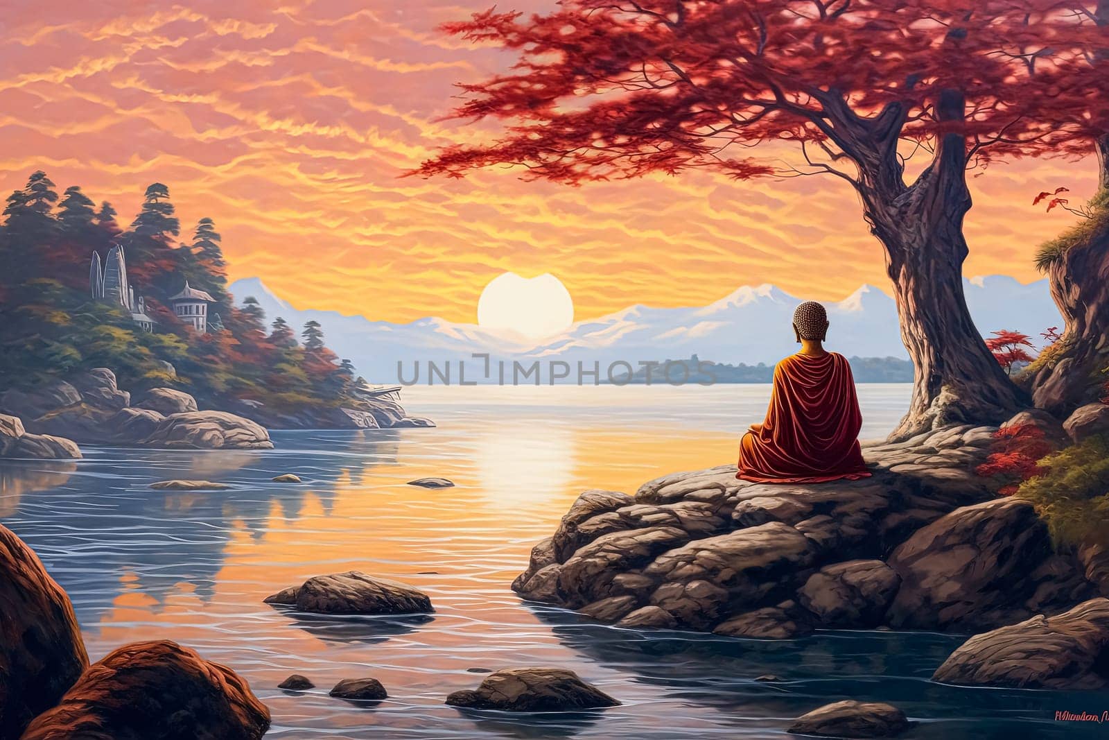 A man sits on a rock overlooking a body of water. The scene is serene and peaceful, with the man in a lotus position and the water reflecting the mountains in the background