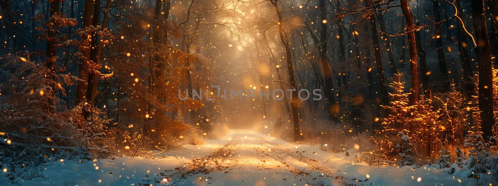 The sunlight filters through the trees in the snowy forest, creating a beautiful pattern of light and shadows on the forest floor