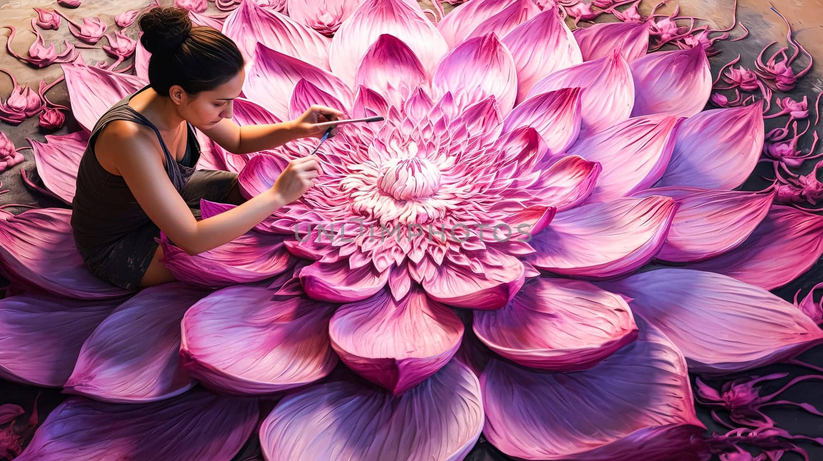 A woman is painting a large flower on a floor. The flower is very colorful and has a lot of detail. The woman is using a brush to paint the flower, and there are several other brushes