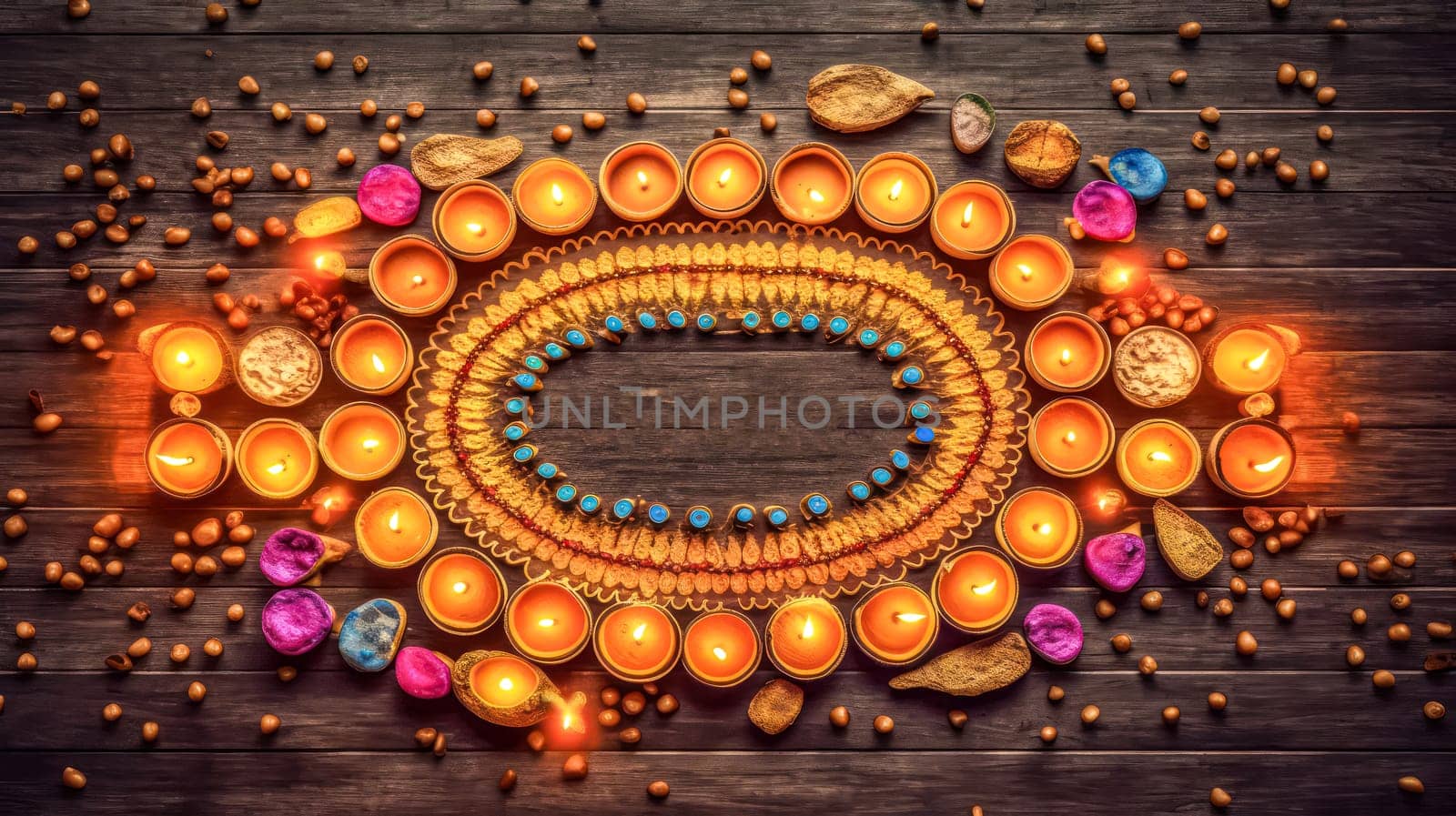 A colorful candle arrangement with many candles lit. by Alla_Morozova93