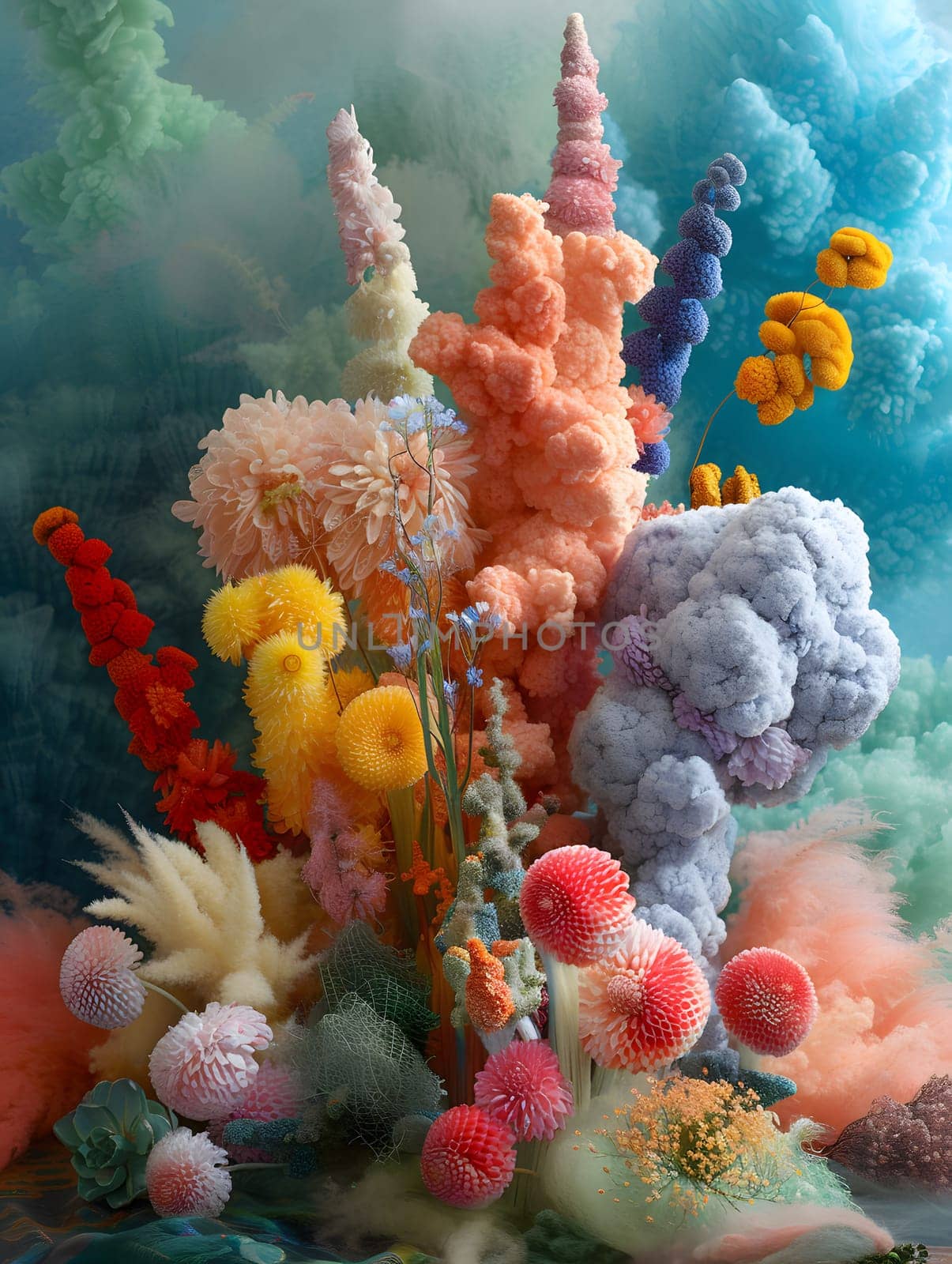 A beautiful array of colorful flowers is gracefully floating in the natural environment, resembling an underwater coral reef. Each petal is like a work of art in this stunning display of nature