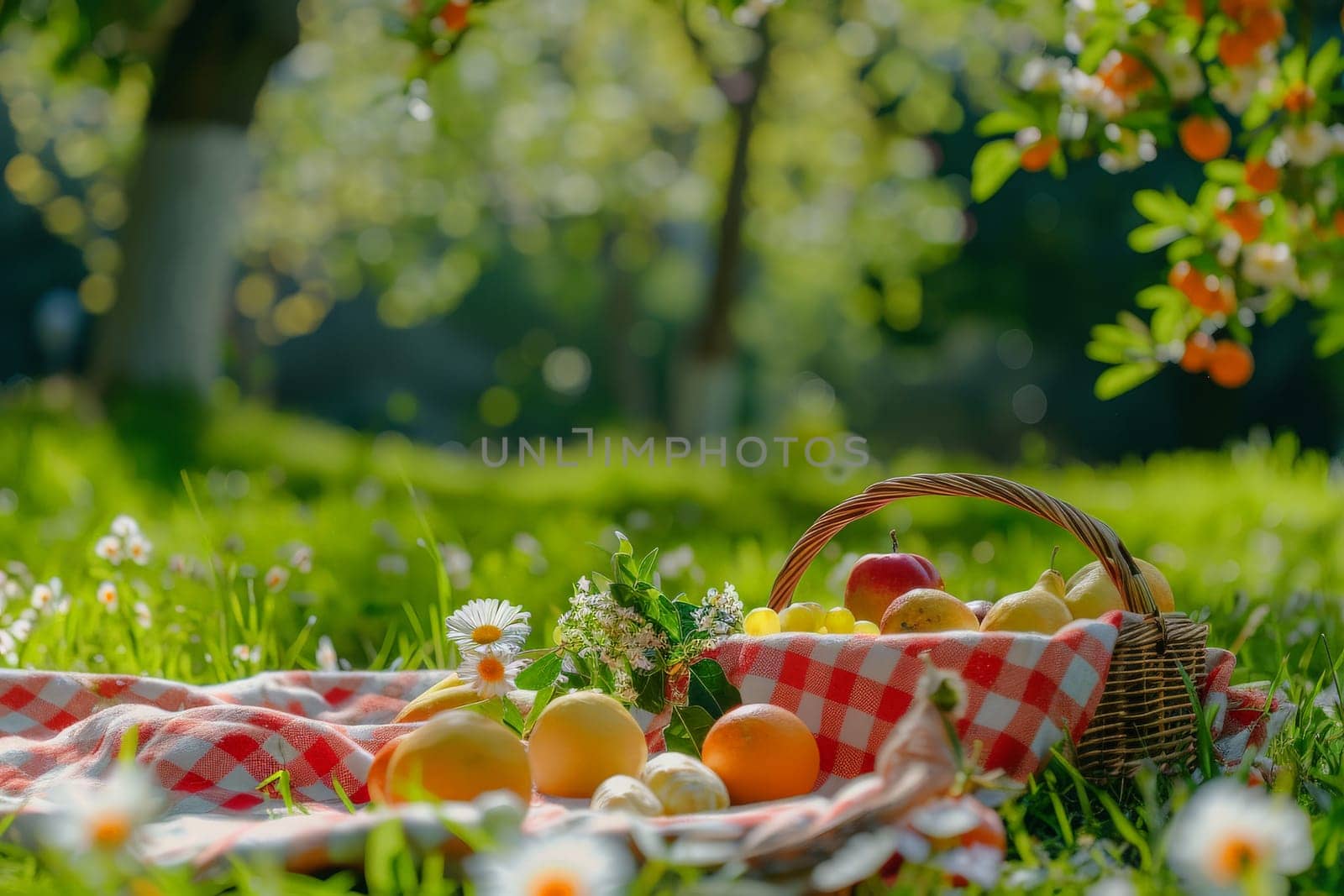 picnic scene with a basket of fruits and flowers surrounded by the greenery park, summer holiday.