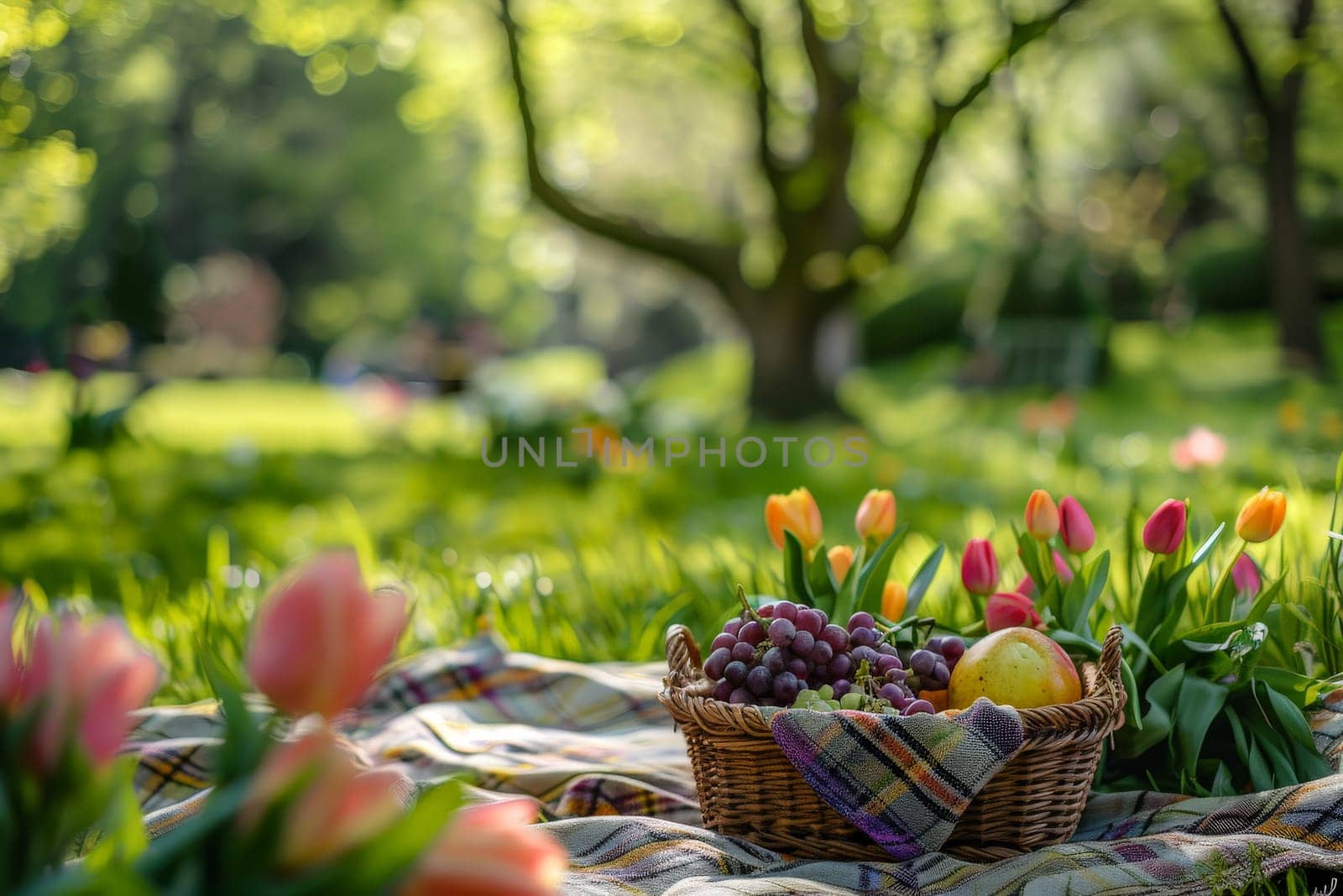 picnic scene with a basket of fruits and flowers surrounded by the greenery park, summer holiday by nijieimu