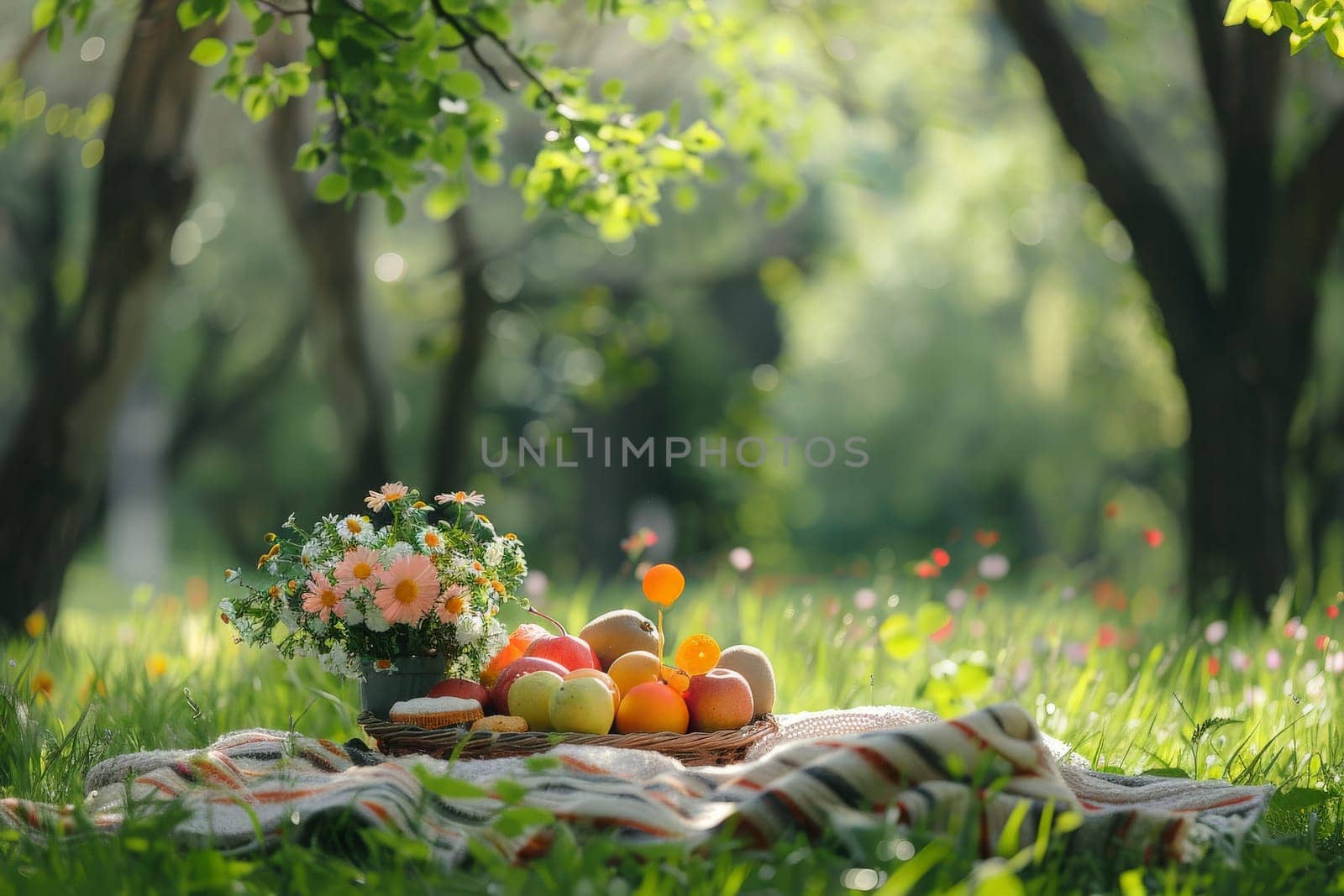 picnic scene with a basket of fruits and flowers surrounded by the greenery park, summer holiday.