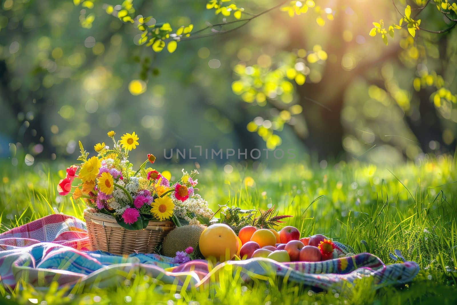 picnic scene with a basket of fruits and flowers surrounded by the greenery park, summer holiday.