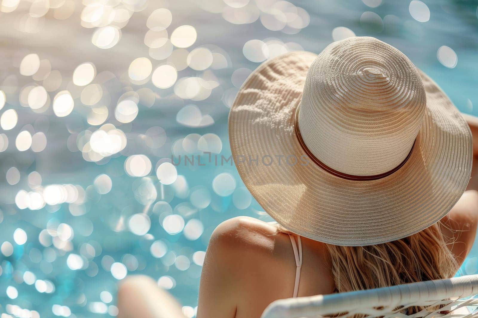 Fashionable woman in the back wearing a straw hat while on vacation at luxury poolside in resort by nijieimu