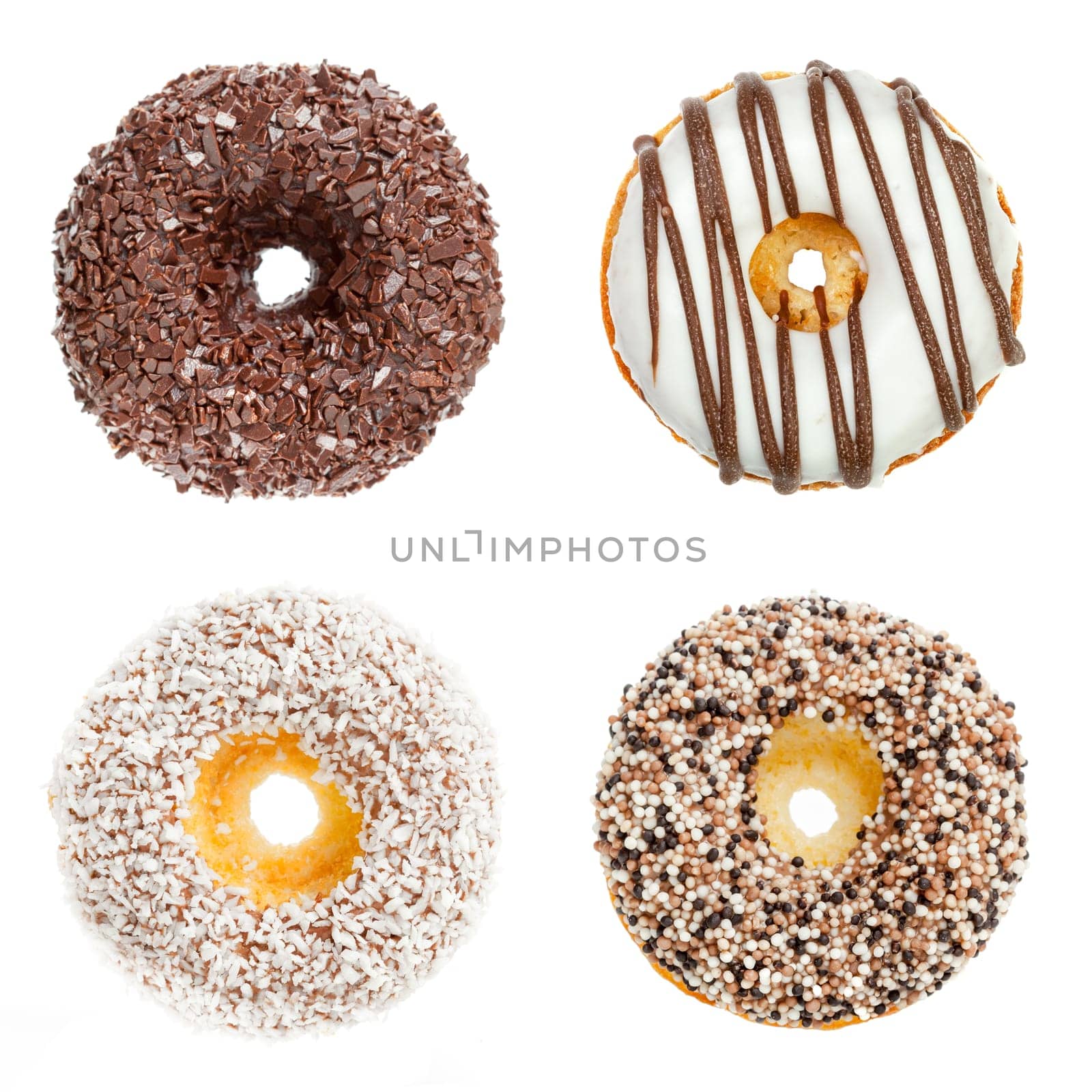 Delicious donuts collage, isolated on white