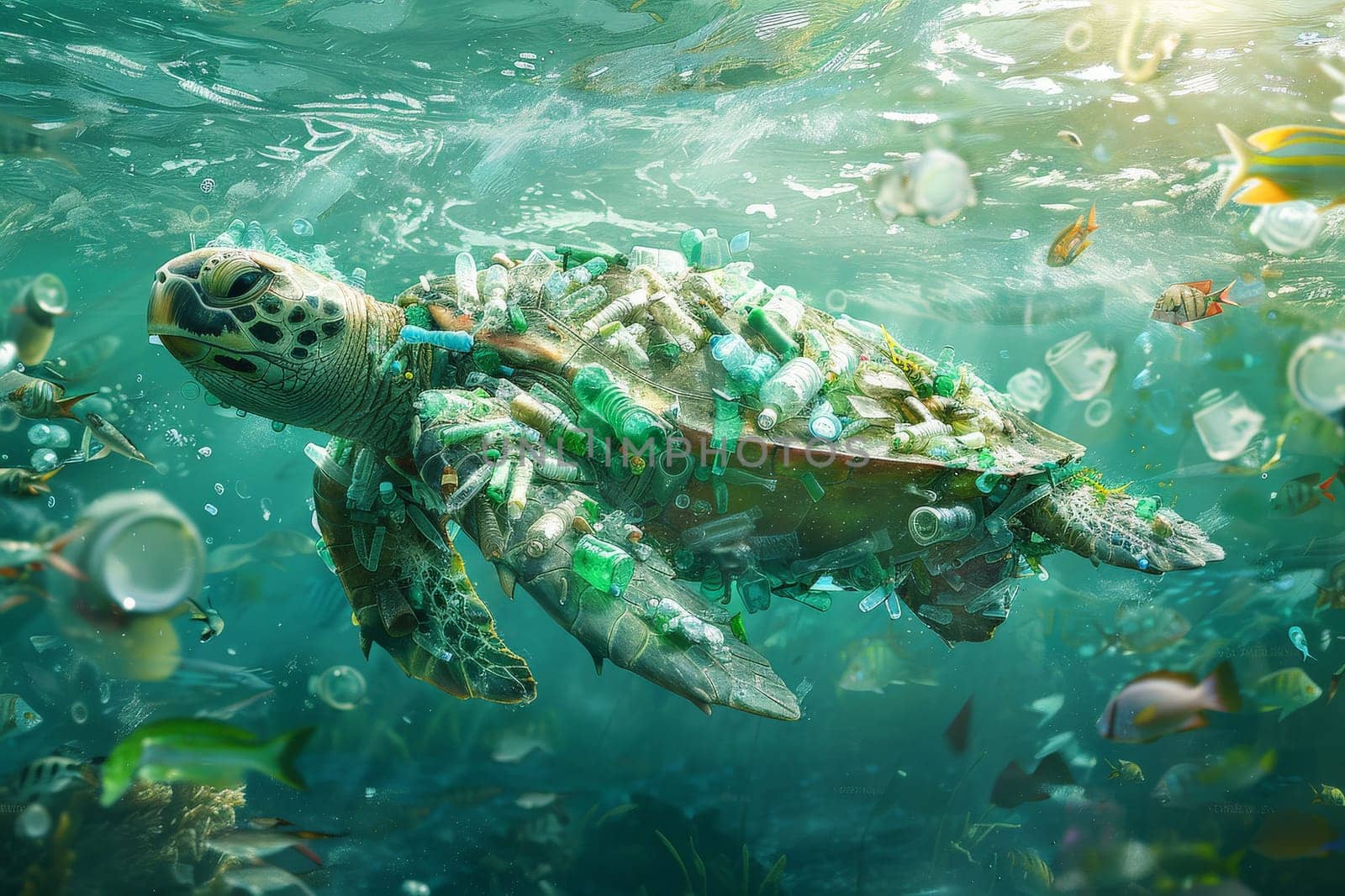 Plastic Pollution In Ocean, a turtle made of plastic bottles, cups and trash swimming in the sea.