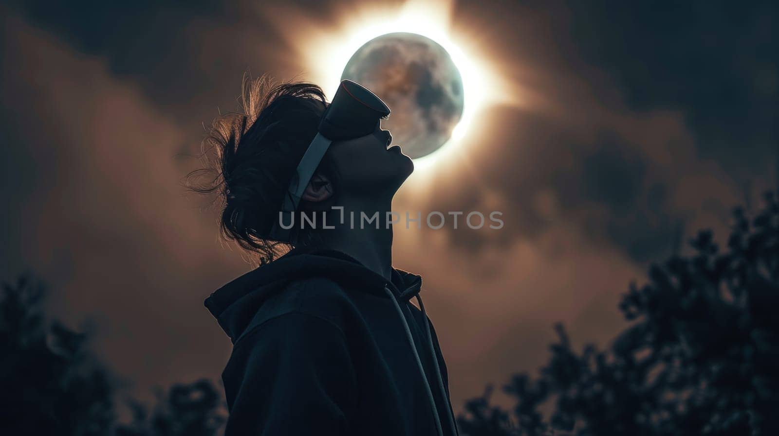 A young people wearing goggles is looking up at a large solar eclipse.