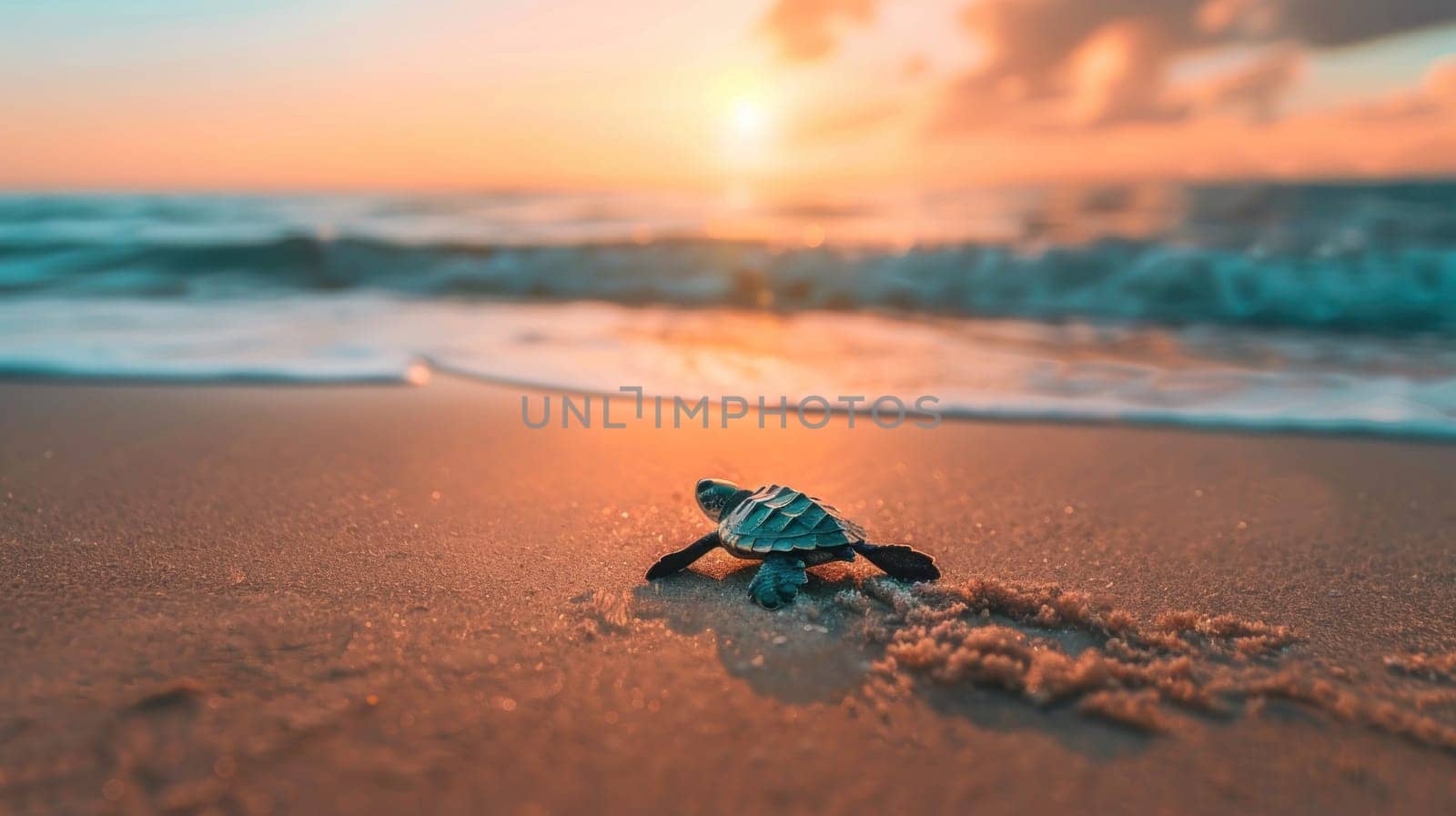 A baby turtle is laying on the beach at sunset. The turtle is small and he is alone. The scene is peaceful and serene, with the sun setting in the background