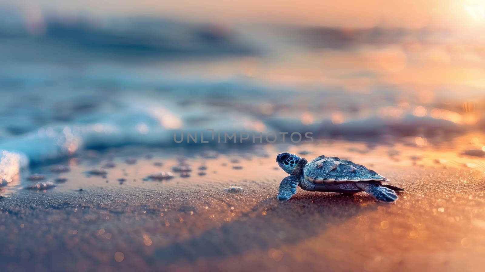 A baby turtle is laying on the beach at sunset.