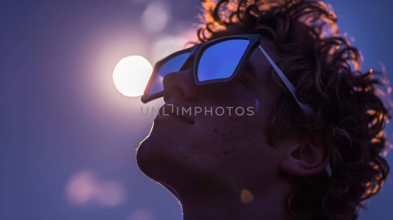 A young people wearing goggles is looking up at a large solar eclipse.