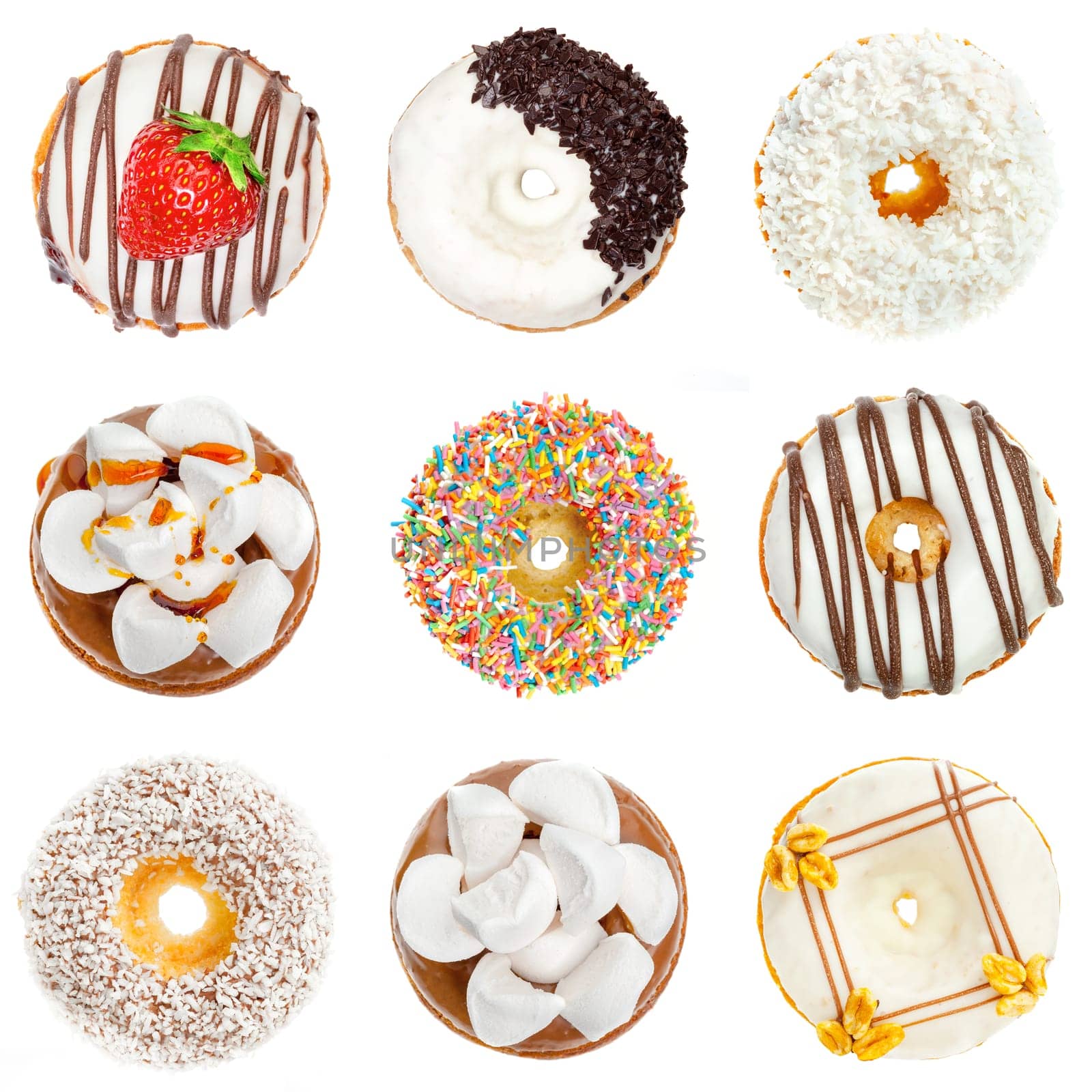 Delicious donuts collage, isolated on white by Fabrikasimf