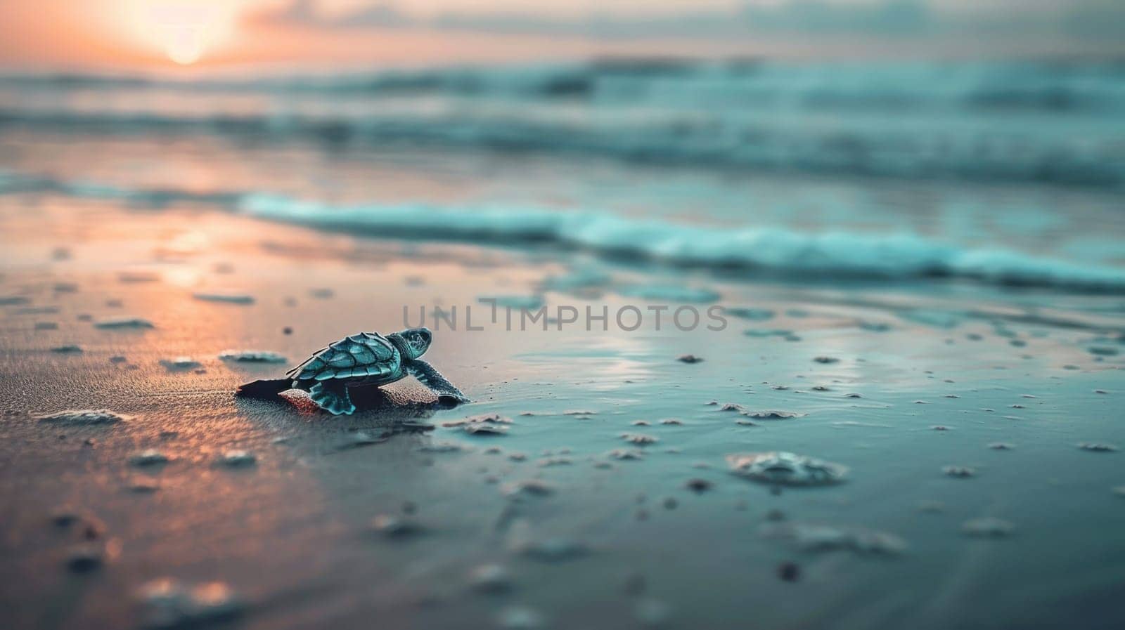 A baby turtle is laying on the beach at sunset.