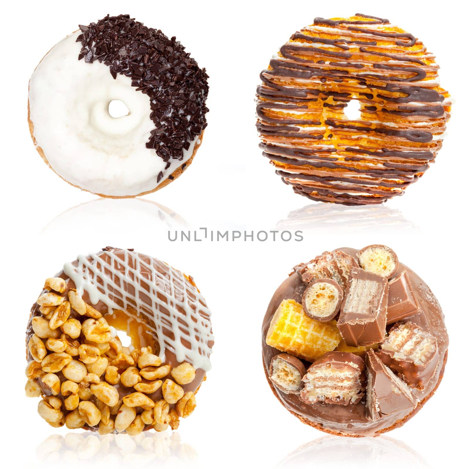 Delicious donuts collage, isolated on white by Fabrikasimf